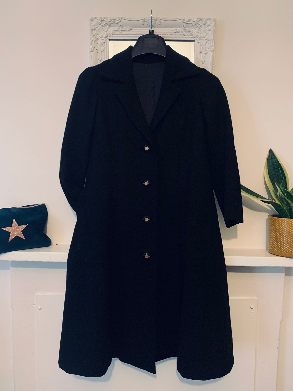 1970s Black A-Line Midi Coat | Wide Collar, Button Front, Fully Lined (UK 8-10)