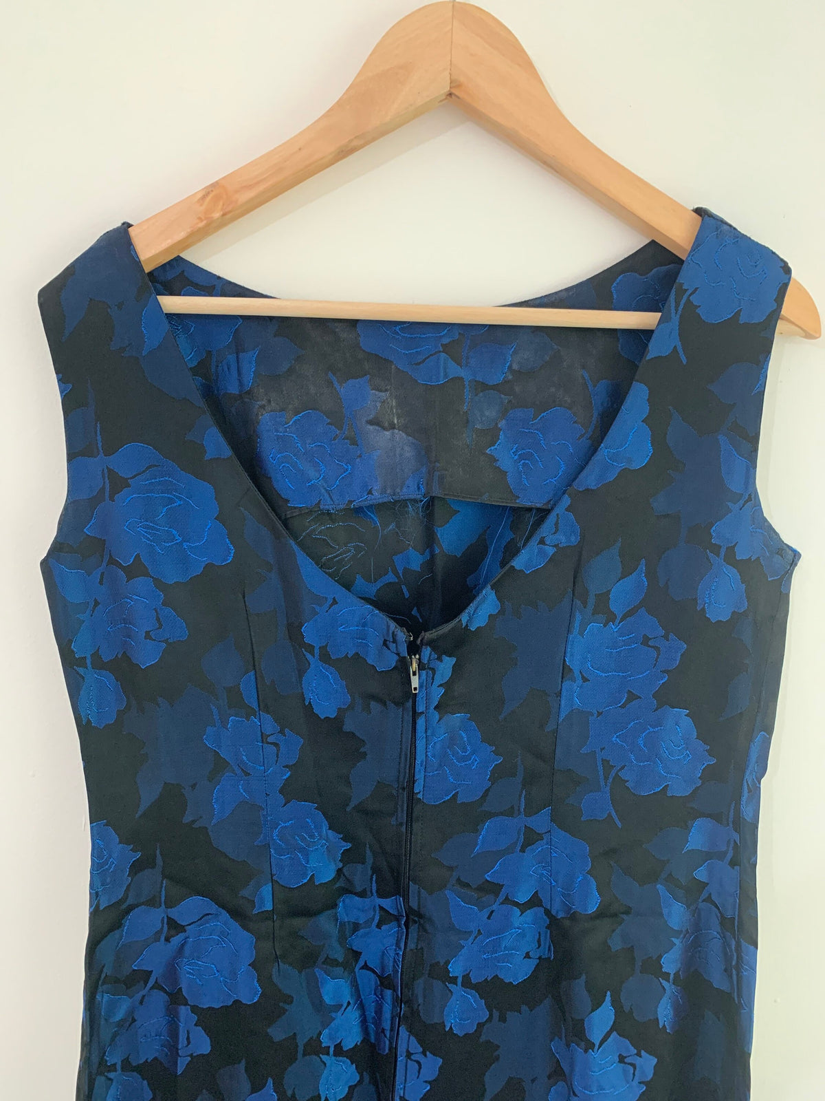 Vintage Column Dress 1960s Blue Black Brocade Floral, Sleeveless Handmade, vintage dress, vintage ball gown, vintage prom, vintage dress, 60
