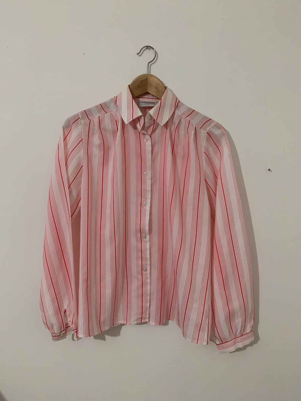 1980s Debenhams Striped Blouse | Pink Red White Puff Sleeve Shirt (36" Bust)