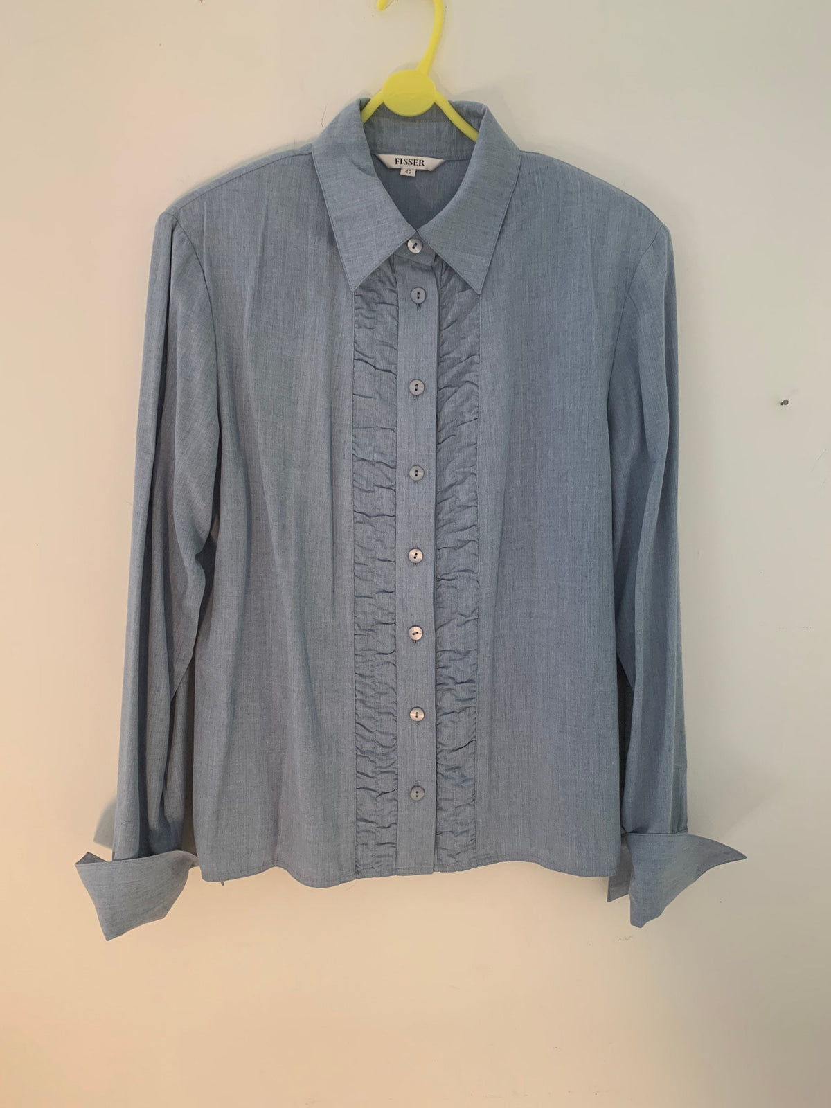 1980s Fisser Blue Ruffle Secretary Blouse, Long Sleeve, Double Cuff (UK 10-12)