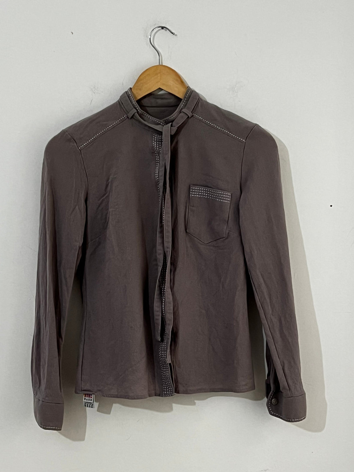 Vintage Purple Grey long sleeve Blouse - UK Size 8 with tie neck detail
