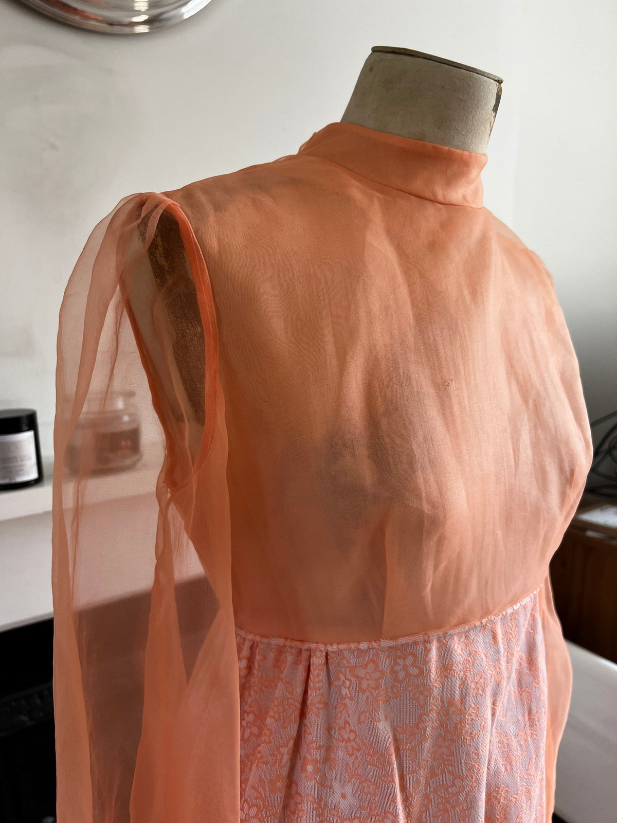1970s Peach Chiffon Maxi Dress: Brocade Floral Skirt, Bishop Sleeves, Empire Waist Gown