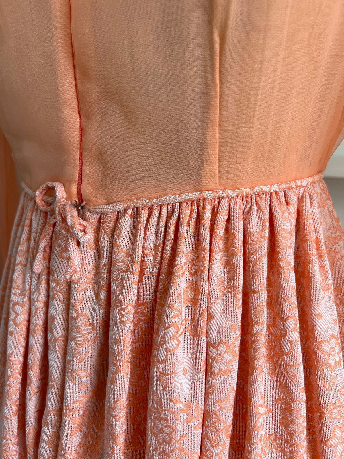1970s Peach Chiffon Maxi Dress: Brocade Floral Skirt, Bishop Sleeves, Empire Waist Gown