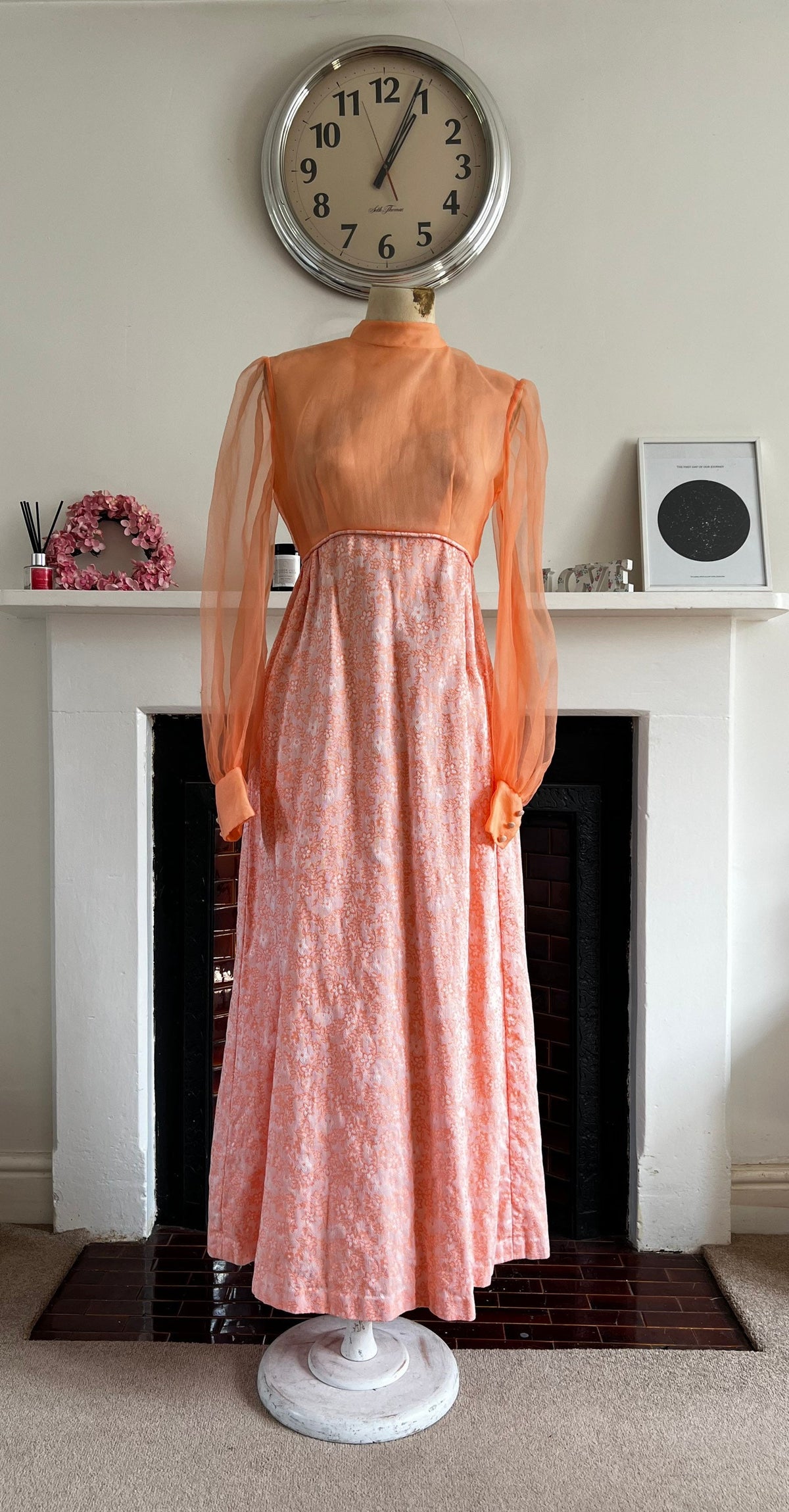 1970s Peach Chiffon Maxi Dress: Brocade Floral Skirt, Bishop Sleeves, Empire Waist Gown