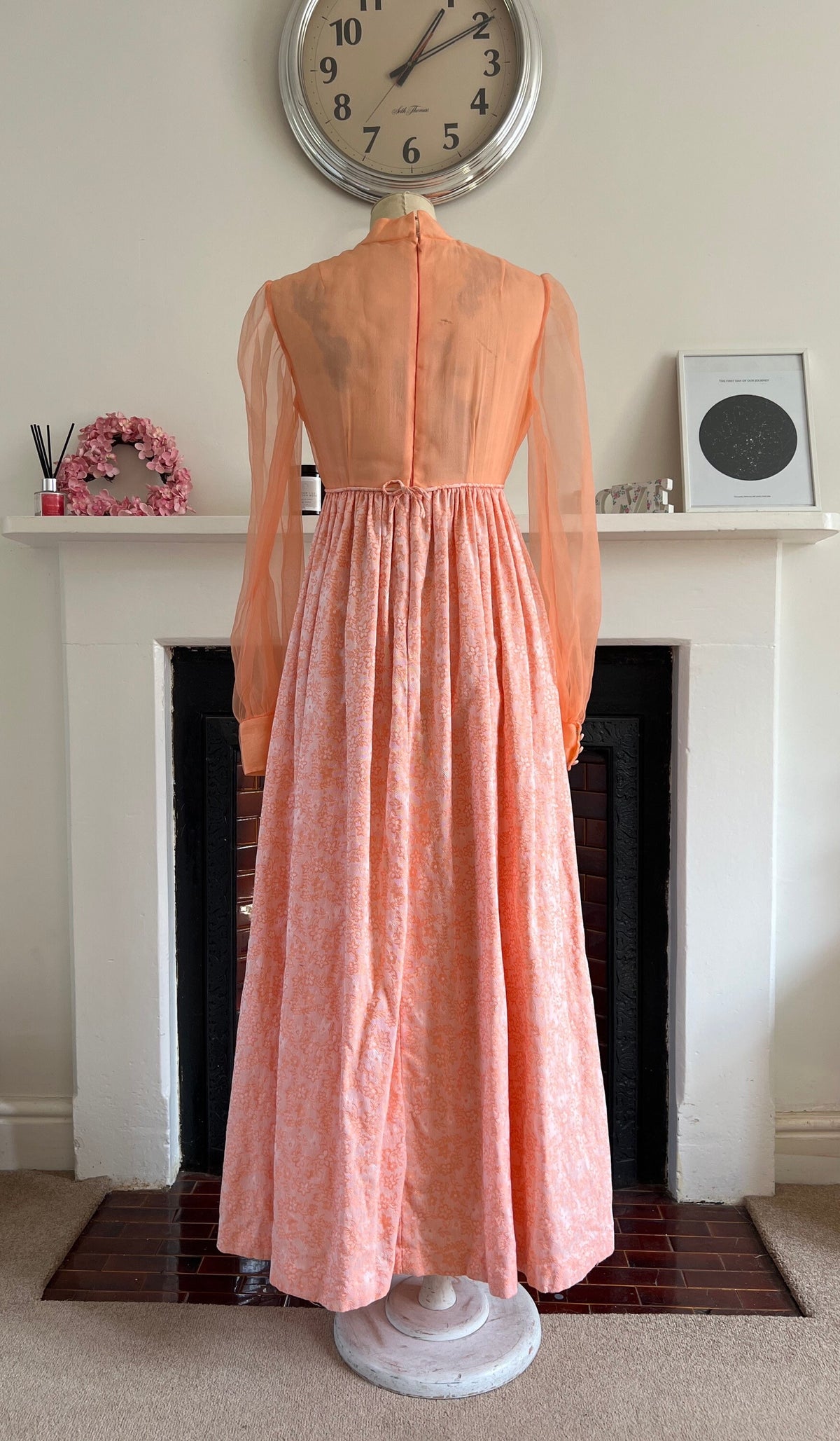 1970s Peach Chiffon Maxi Dress: Brocade Floral Skirt, Bishop Sleeves, Empire Waist Gown