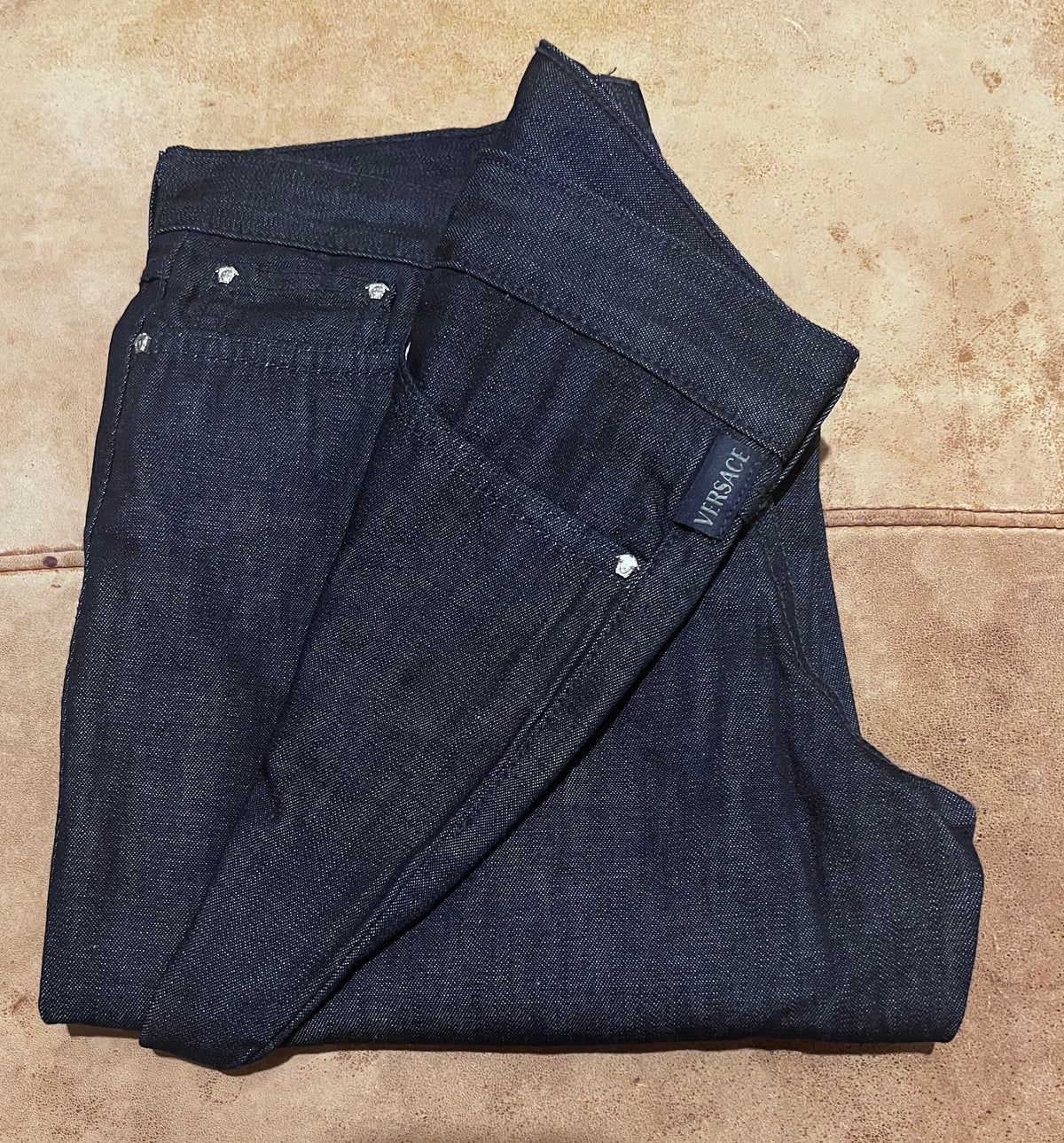 Vintage Versace Jeans Signature Couture Jeans in dark blue over-dye denim and turquoise green rhinestone to back pockets UK8-10 - Unworn