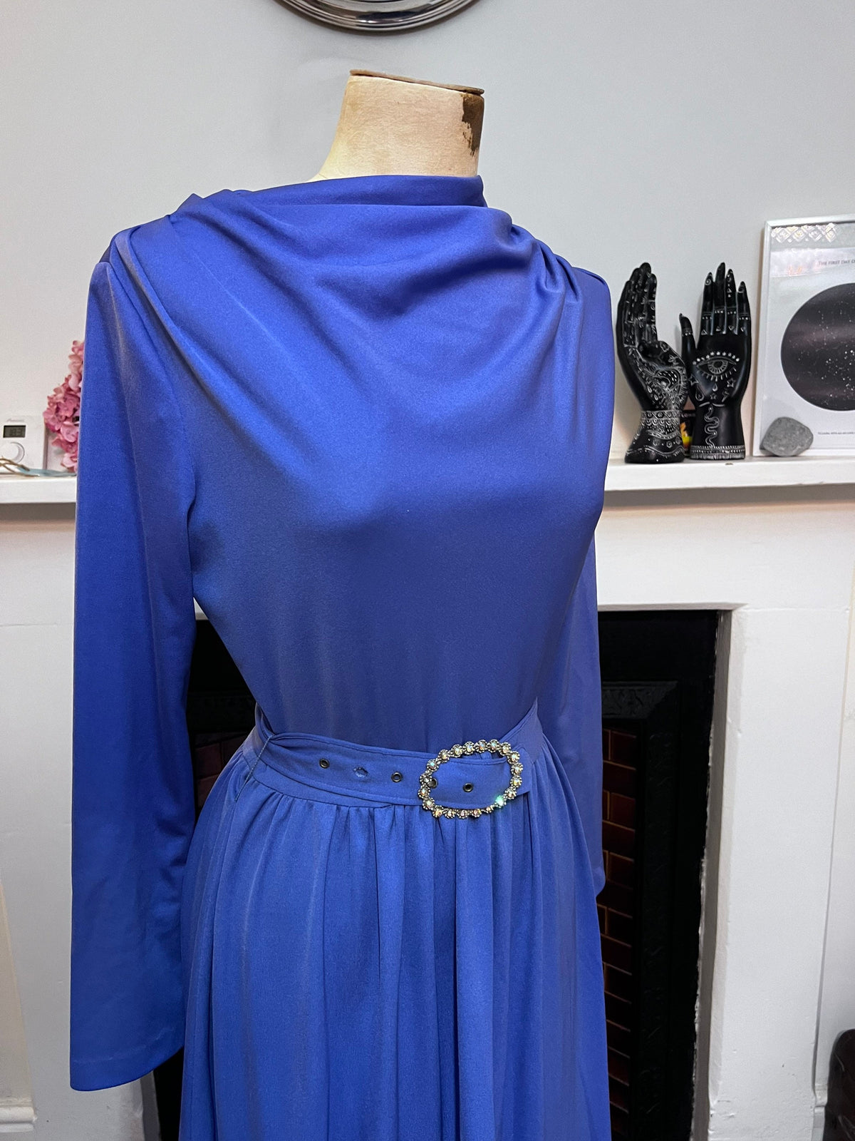 Vintage 1960s Carnegie of London Purple Crimplene Maxi Dress UK 12 Long Sleeve Diamante Belt Formal Evening Gown