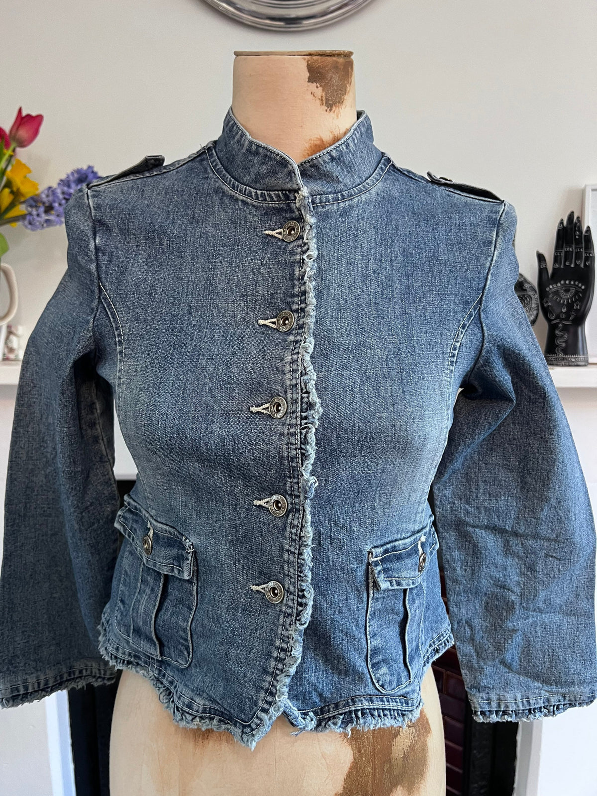 1980s Kids Denim Jacket: Fitted Mandarin Collar, Stonewash Blue, Frayed Hem (100% Cotton)
