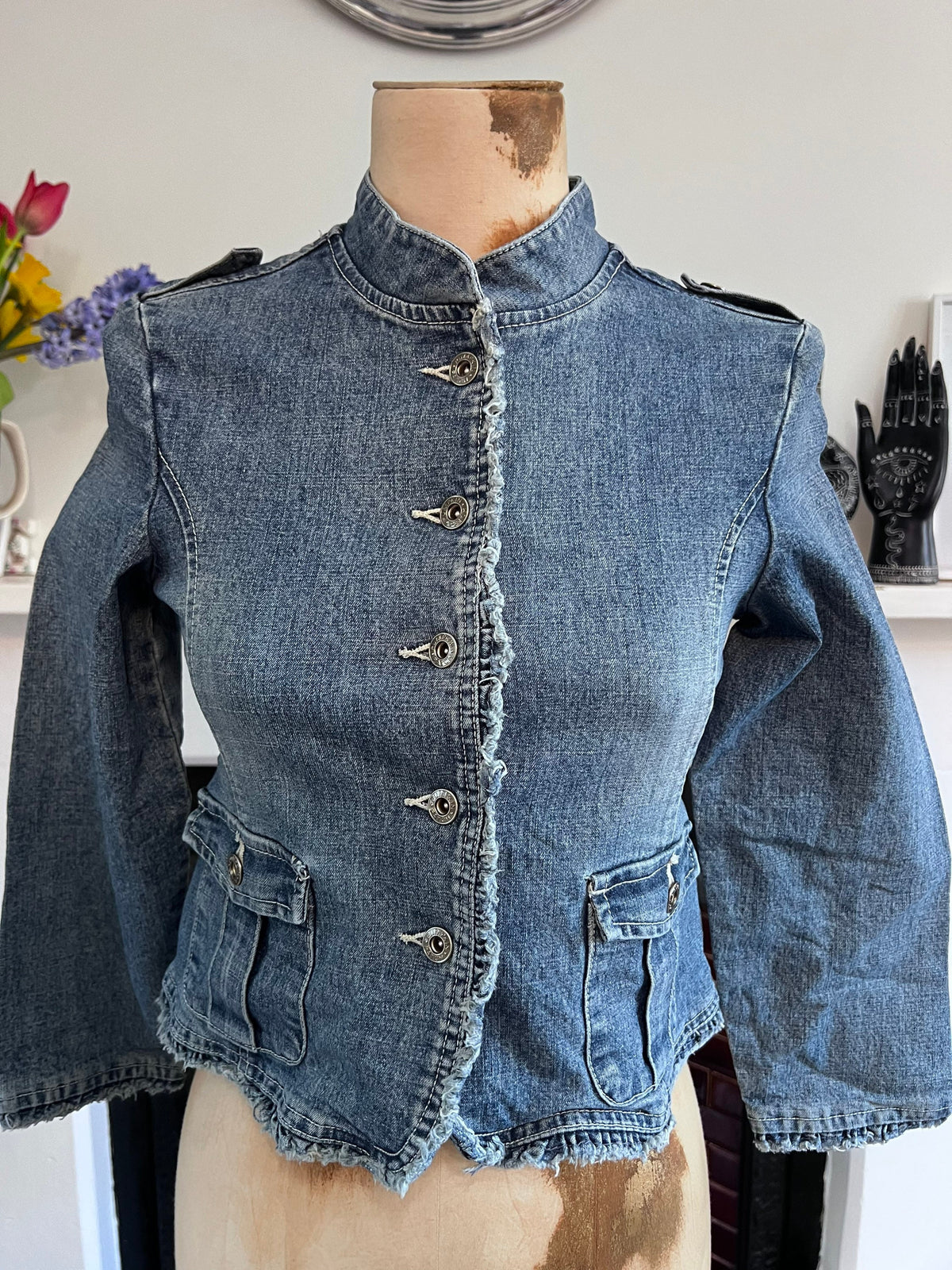 1980s Kids Denim Jacket: Fitted Mandarin Collar, Stonewash Blue, Frayed Hem (100% Cotton)