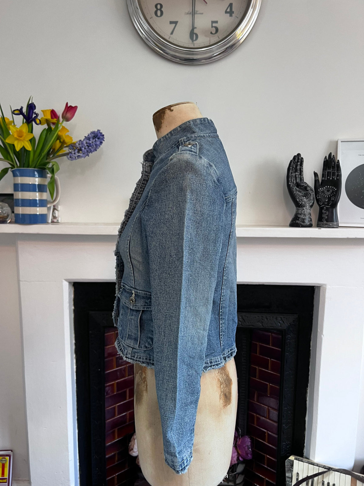 1980s Kids Denim Jacket: Fitted Mandarin Collar, Stonewash Blue, Frayed Hem (100% Cotton)