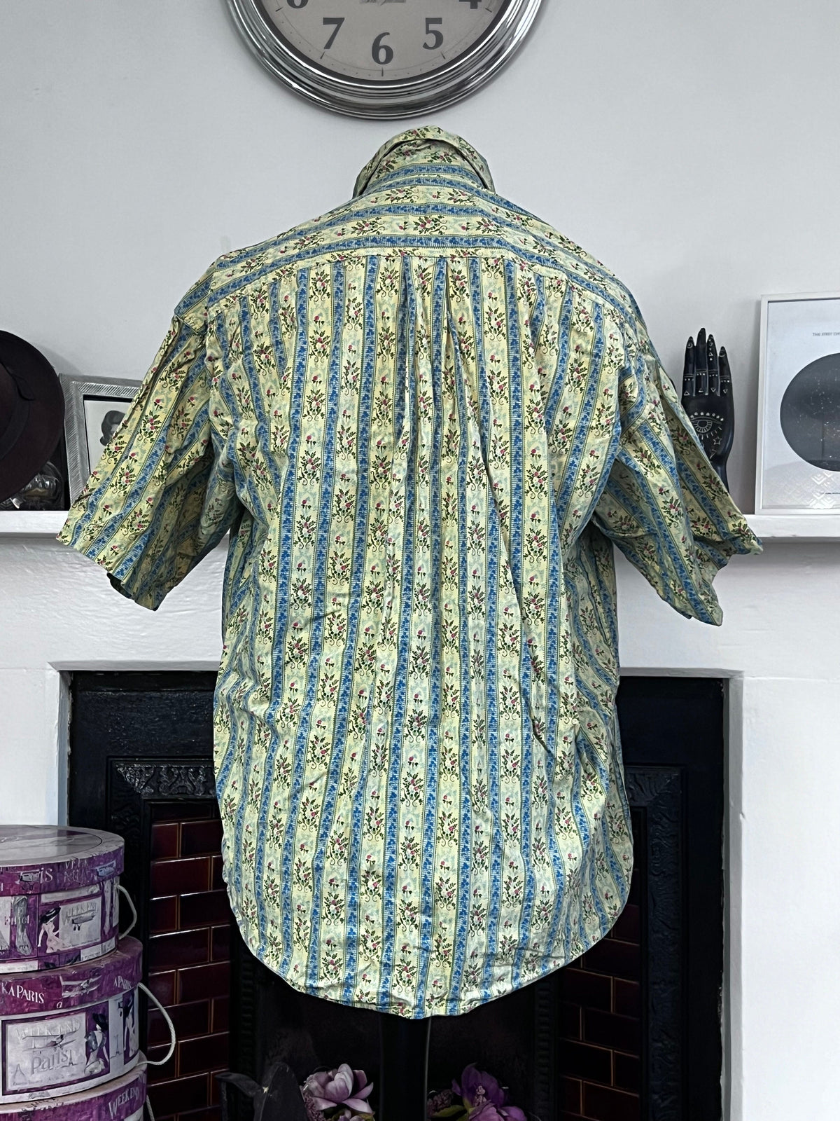 1990s A Cause Des Garçons Mens Shirt: Green Yellow Floral Stripe, Oversized Button-Up