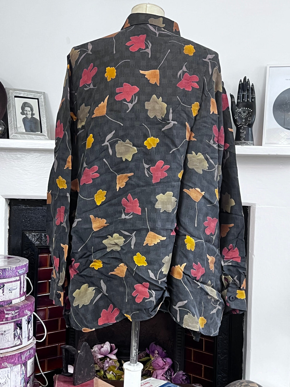 1980s Godske Silk Blouse: Autumn Leaf Print, Oversized Button Front Shirt
