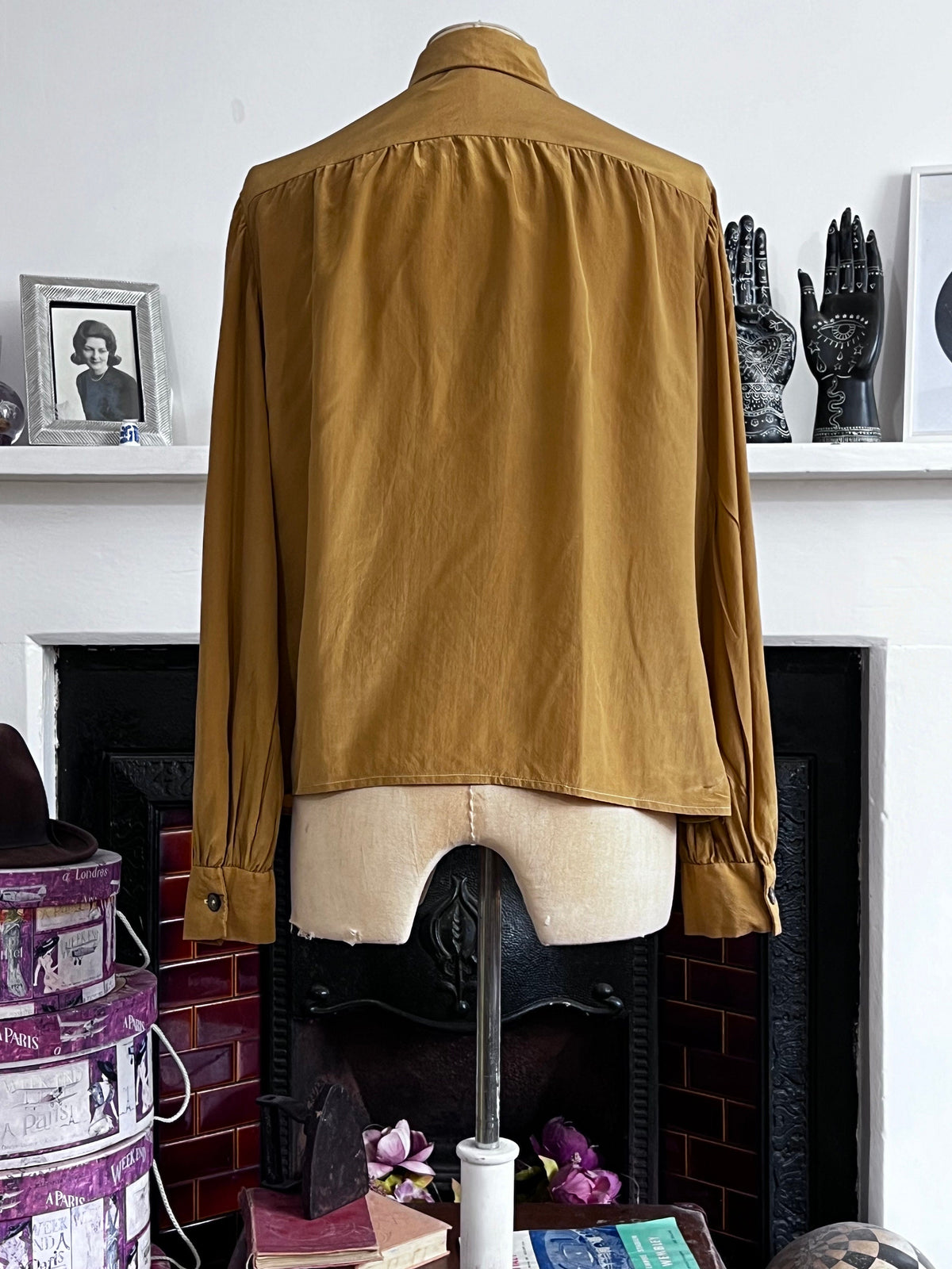 1980s Mustard Silk Blouse: Pointed Collar, Button Front, Long Sleeve (40" Bust)