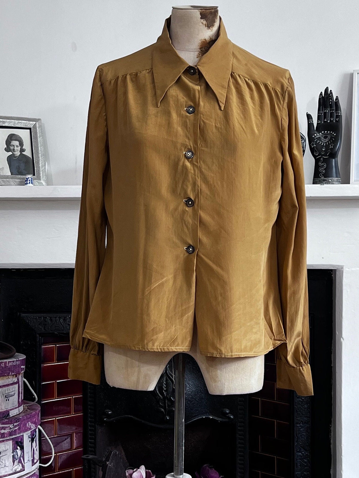 1980s Mustard Silk Blouse: Pointed Collar, Button Front, Long Sleeve (40" Bust)