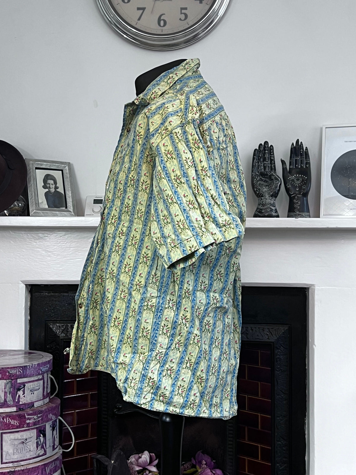 1990s A Cause Des Garçons Mens Shirt: Green Yellow Floral Stripe, Oversized Button-Up