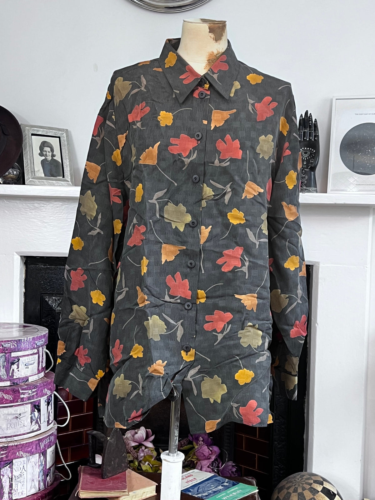1980s Godske Silk Blouse: Autumn Leaf Print, Oversized Button Front Shirt