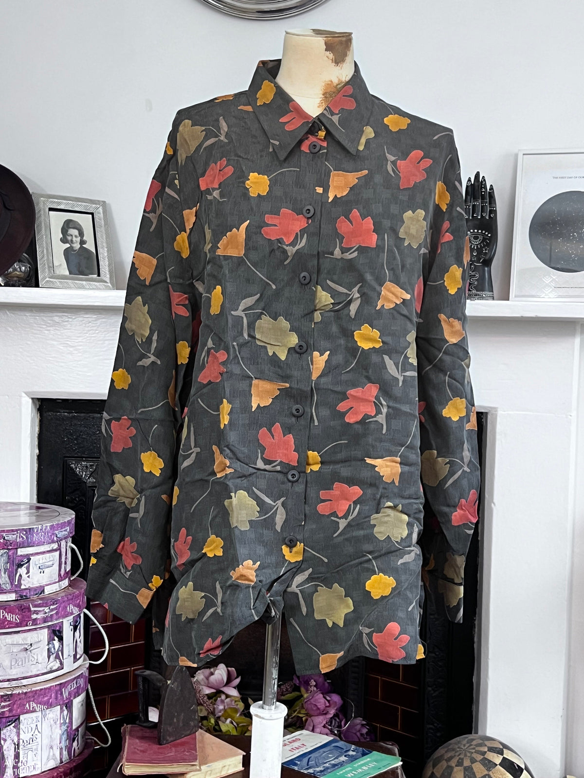 1980s Godske Silk Blouse: Autumn Leaf Print, Oversized Button Front Shirt