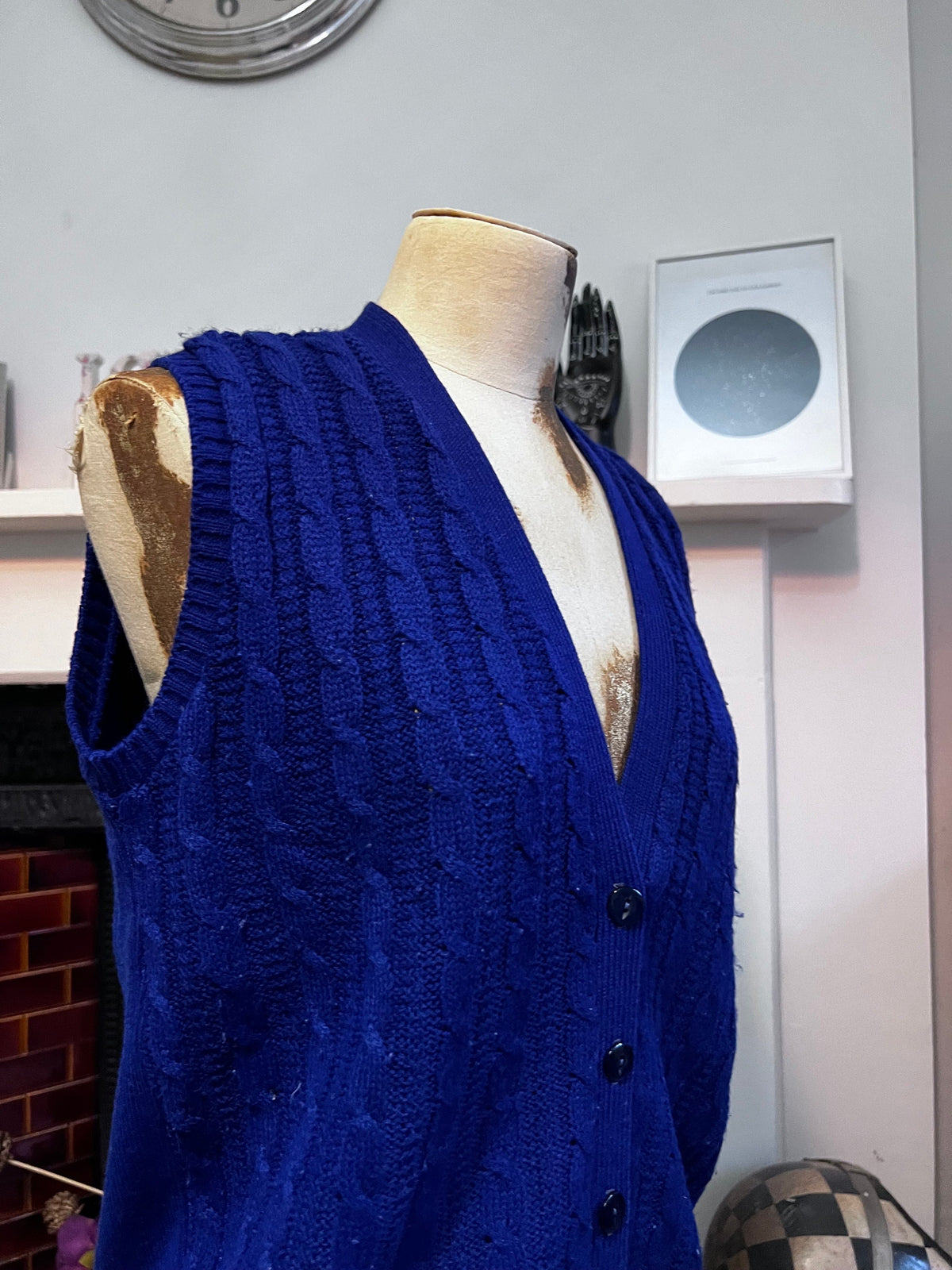 Vintage 1970s Royal Blue Sweater Vest | Cable Knit Button Front Waistcoat | Sleeveless Cardigan