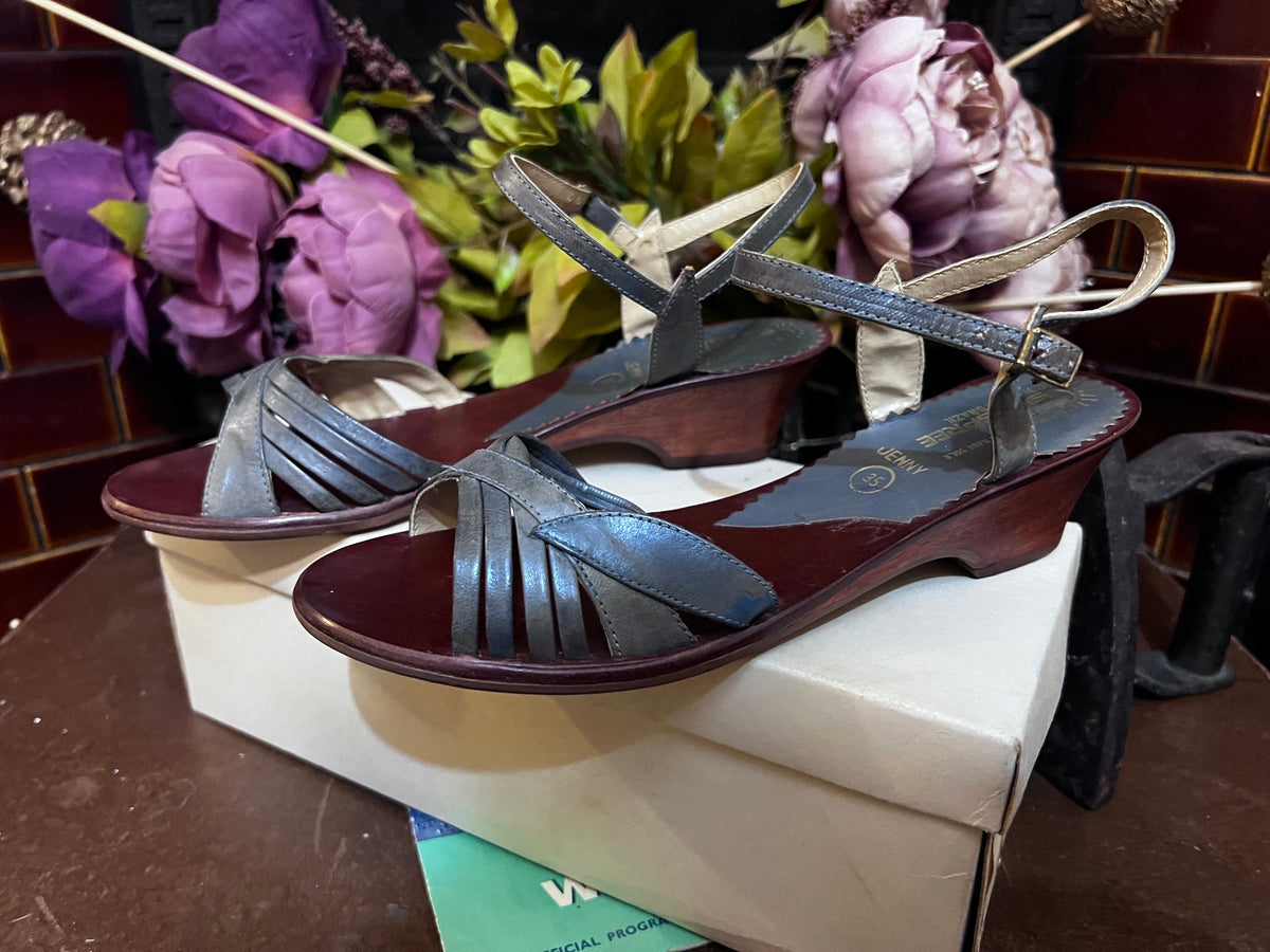 Vintage 1970s Blue Leather Sandals, Sun Spree Brazil, Ankle Strap, Chunky Heel (UK 2.5)