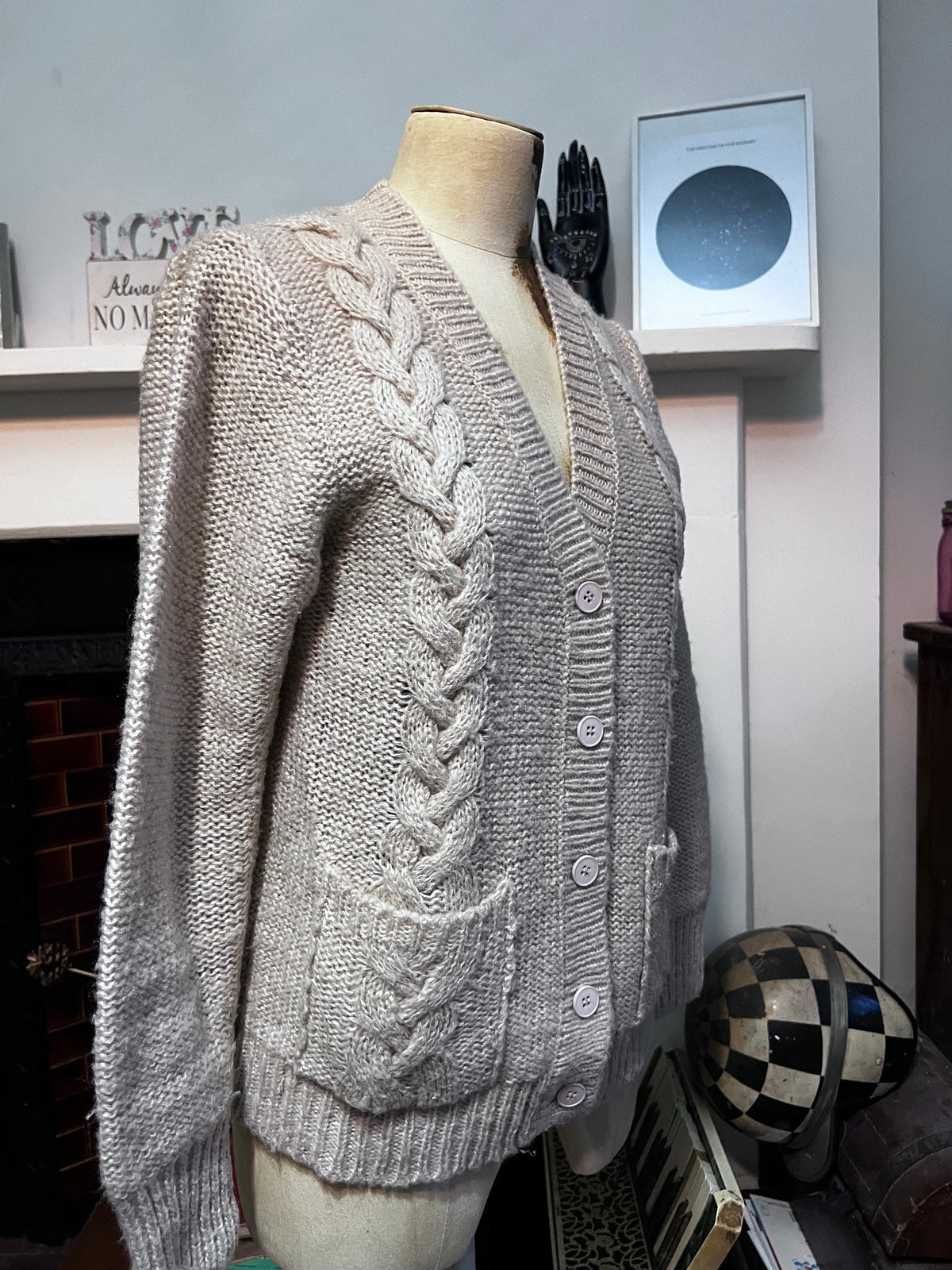 Vintage 1970s Cream Cable Knit Cardigan | Wool Blend Aran Style Jumper