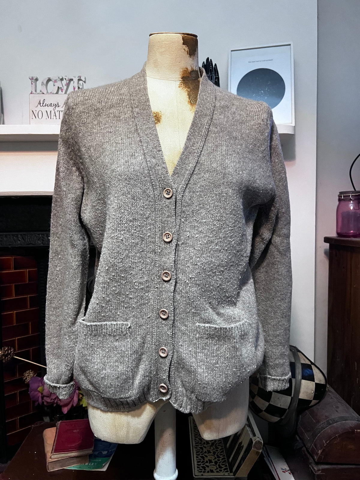 Vintage 1970s M&S Wool Blend Cardigan | Beige Grey Shetland Knit | Women’s UK 10