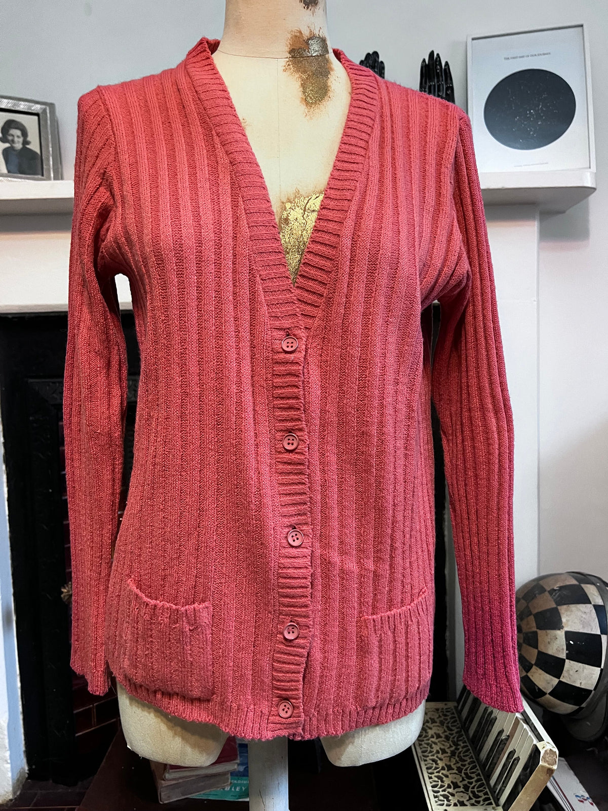 Vintage 1980s Jaeger Cardigan | Coral Pink Ribbed Knit | Women’s British Designer Knitwear