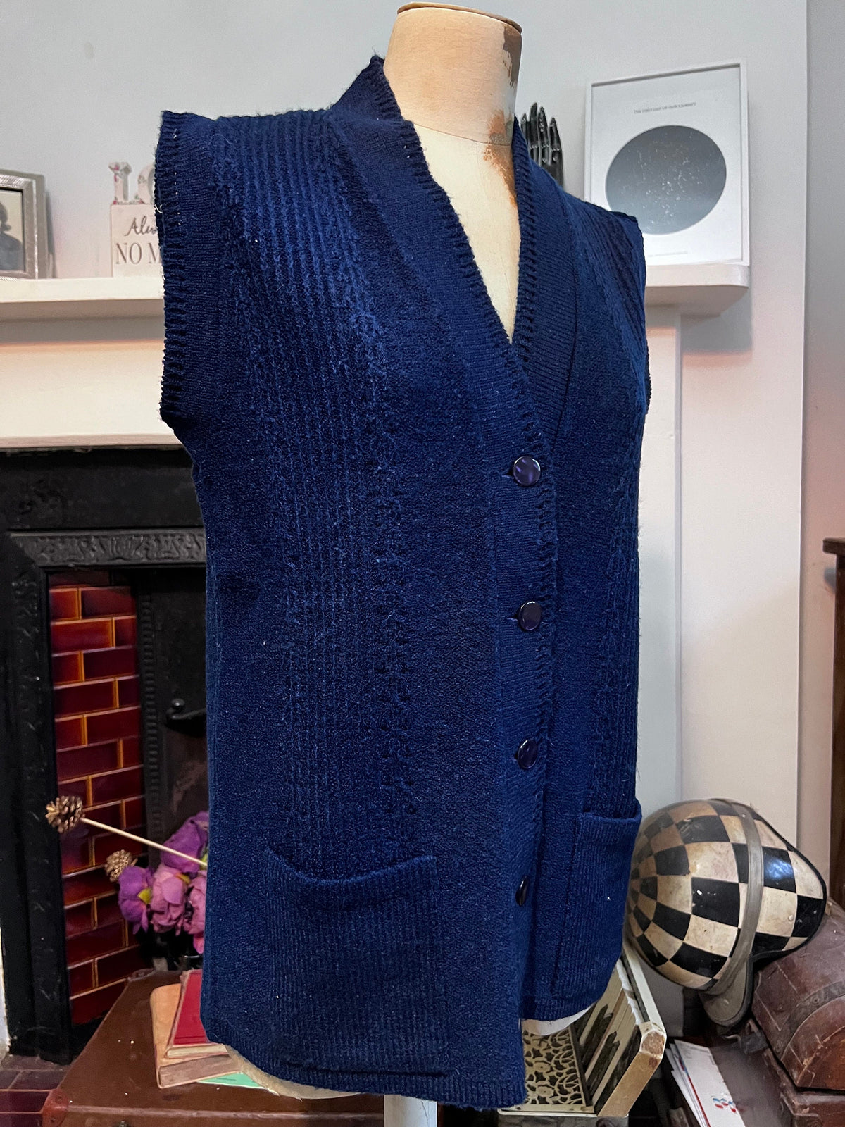 1970s Victor Bright Navy Knit Cardigan Vest | British Acrylic Waistcoat (UK 8-10)