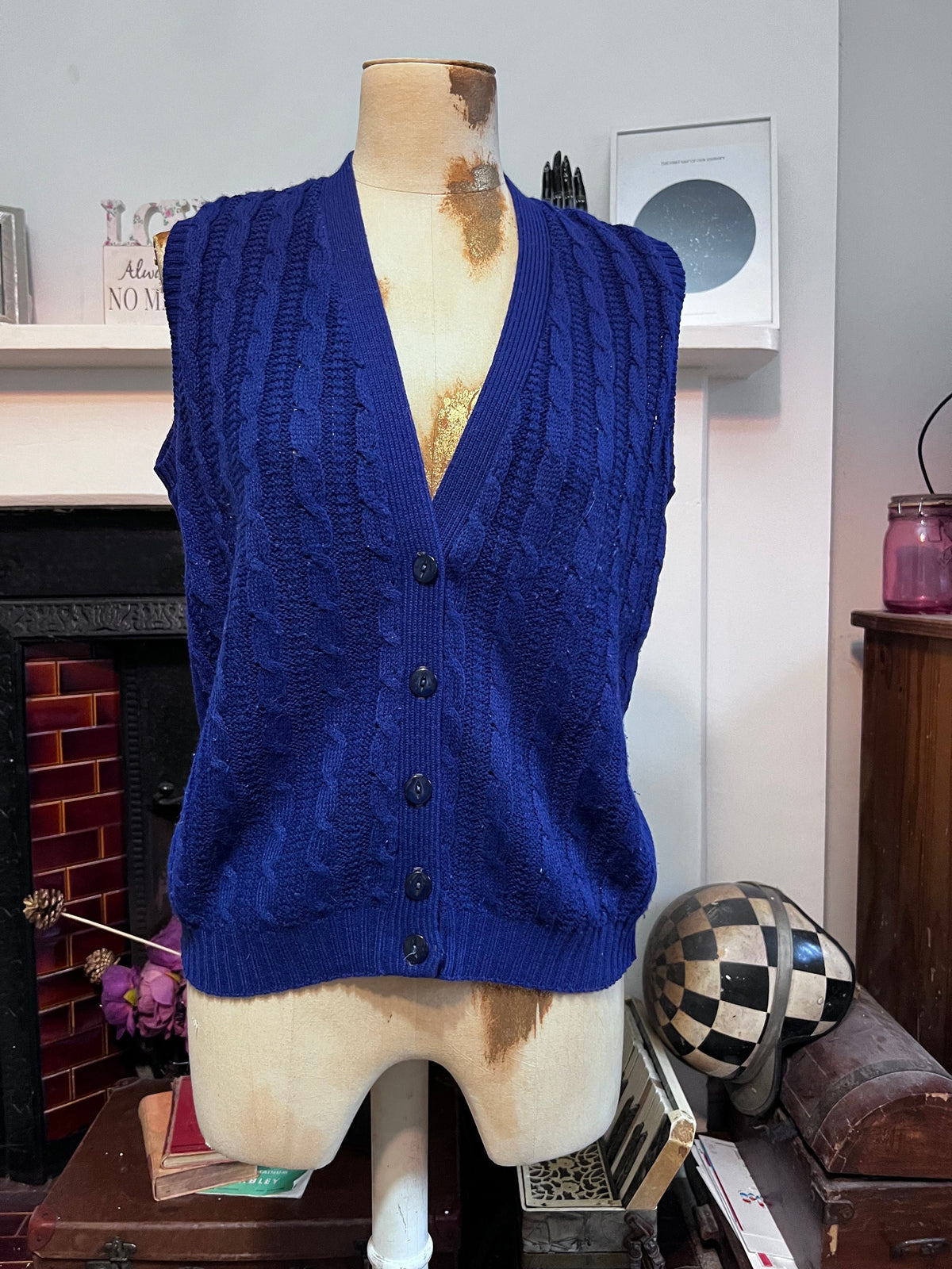 Vintage 1970s Royal Blue Sweater Vest | Cable Knit Button Front Waistcoat | Sleeveless Cardigan
