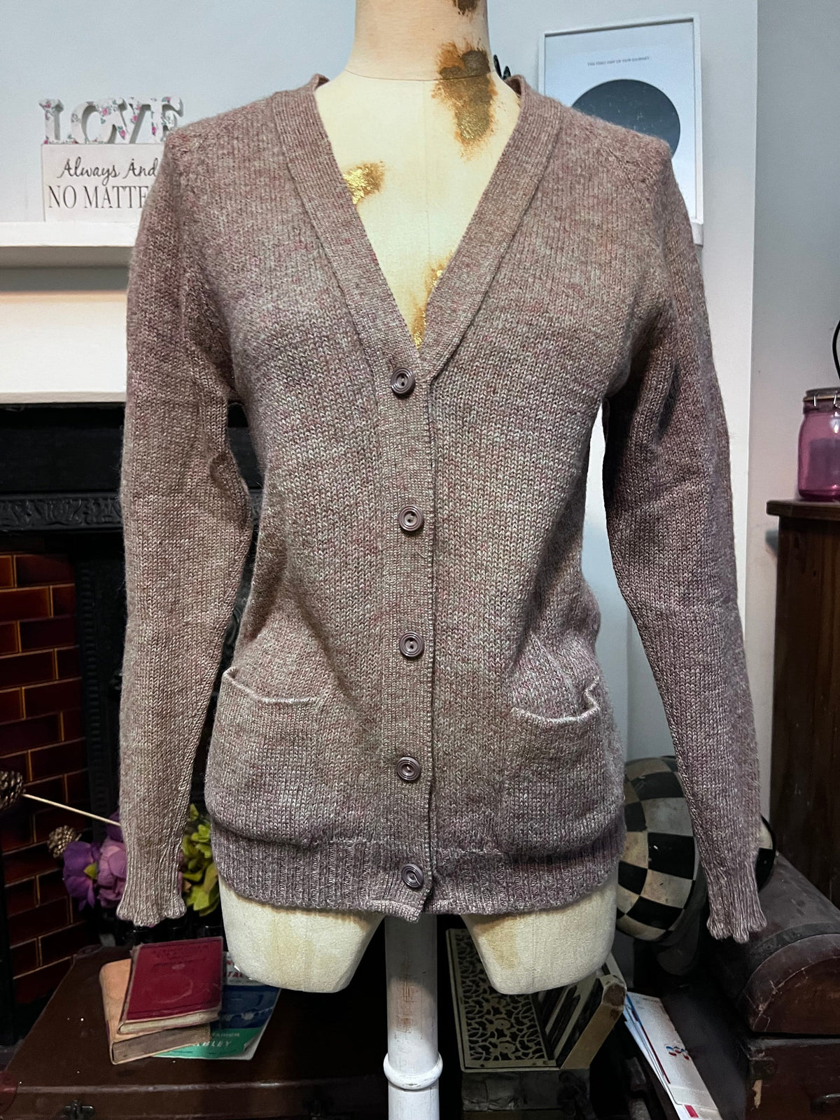 Vintage 1970s Shetland Wool Cardigan | Brown Beige 4 Ply British Knit | Women’s XS