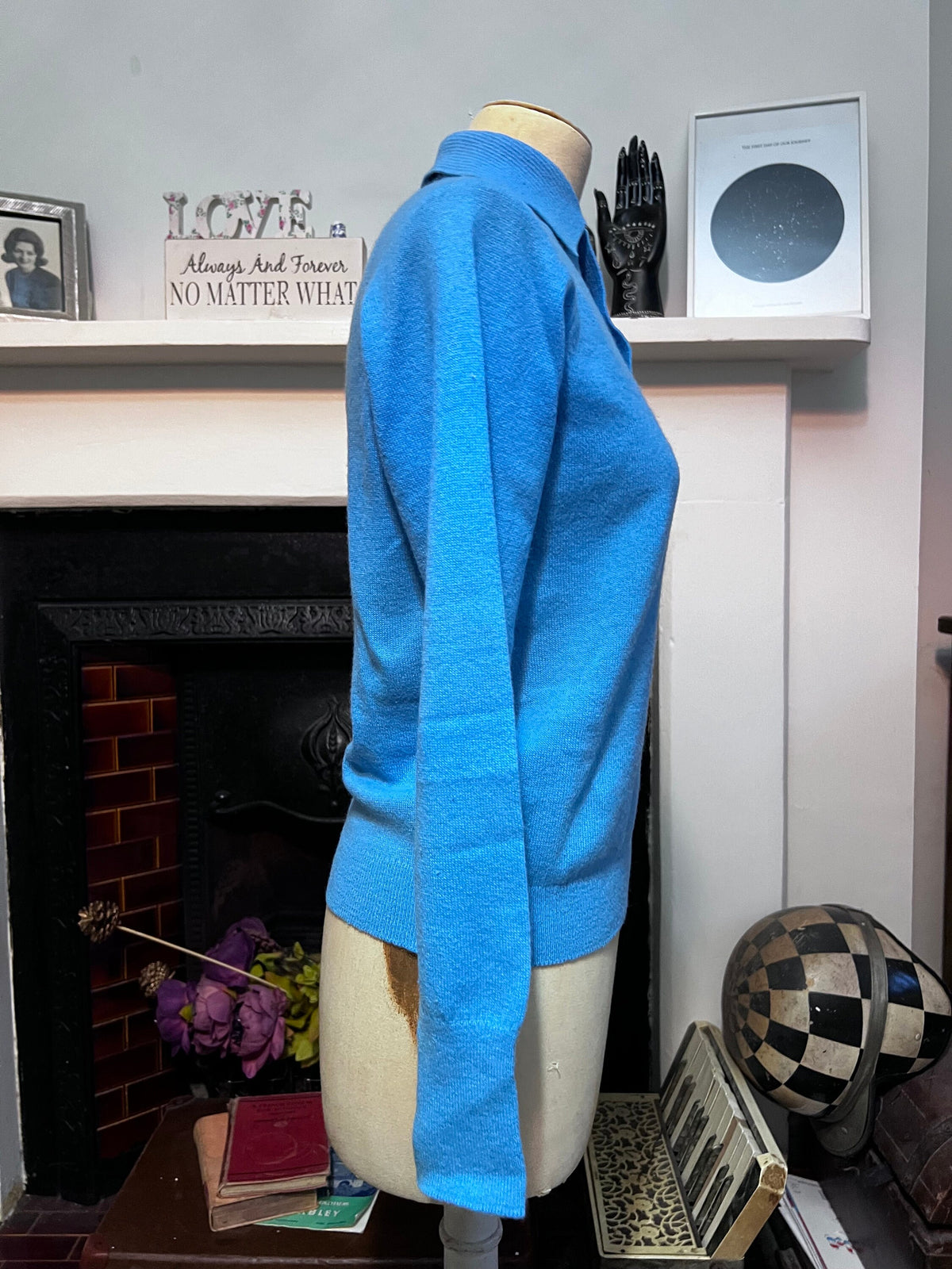 Vintage 1950s Blue Polo Collar Jumper | Lambswool Blend Knit Sweater | Women’s UK 8