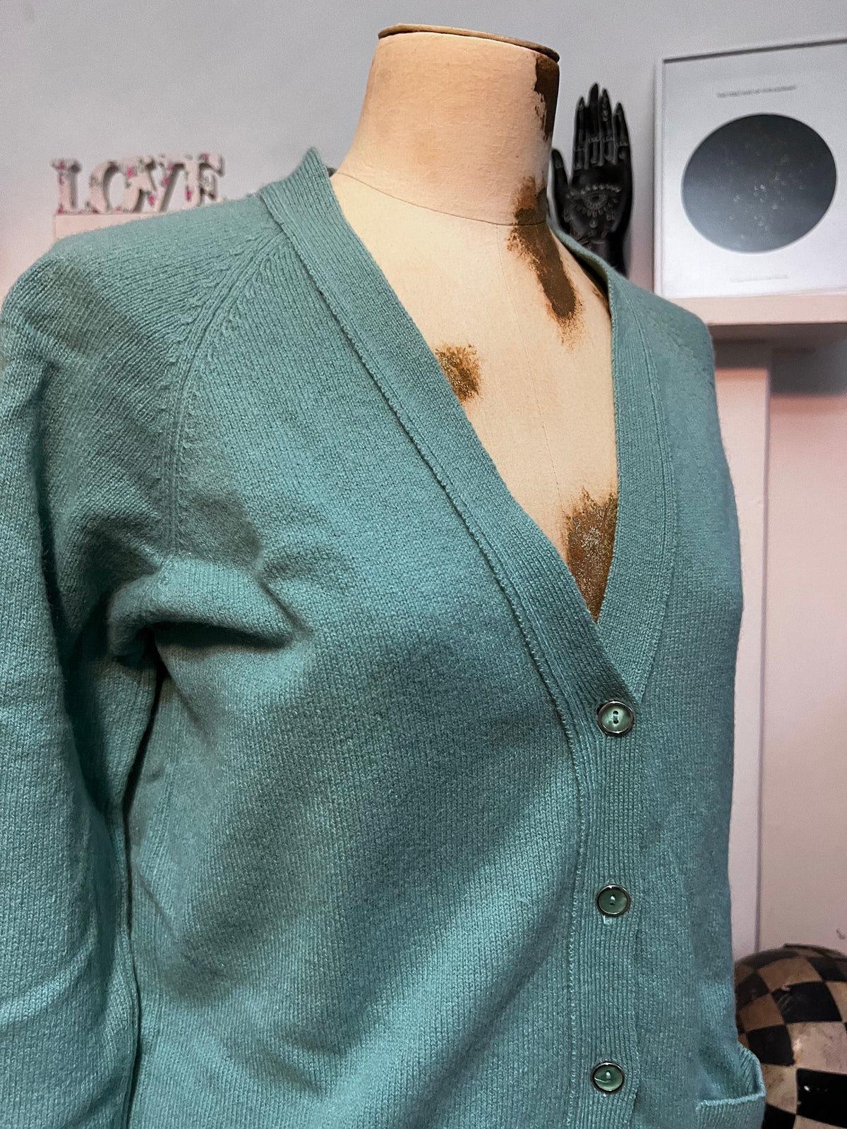 Vintage 1980s Duck Egg Blue Cardigan | V-Neck Knit, Tonal Buttons, Patch Pockets