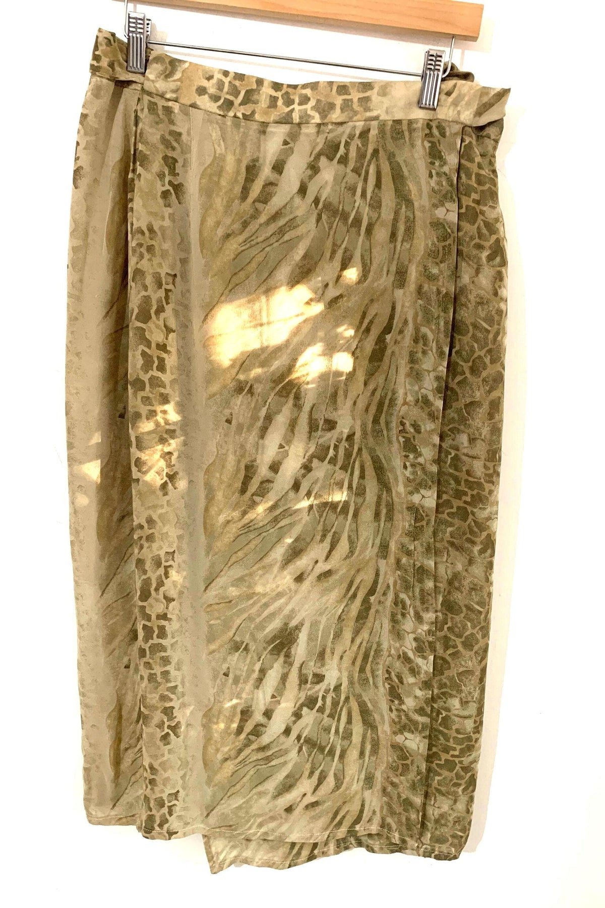Vintage Green Chiffon Midi Skirt, Abstract Leaf Print, Sarong Style, UK 12-14