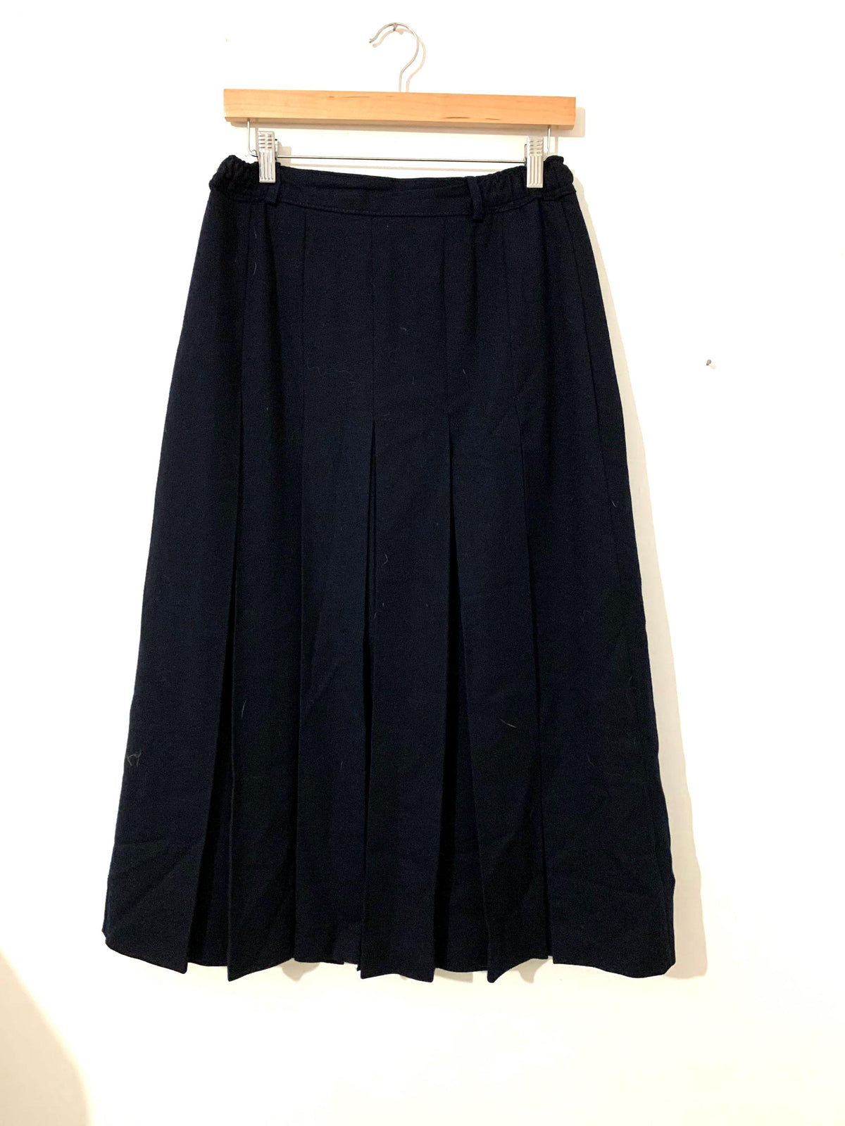 Vintage Navy Wool Pleated Midi Skirt, Straven A-Line, Dark Academia Style (UK 12)