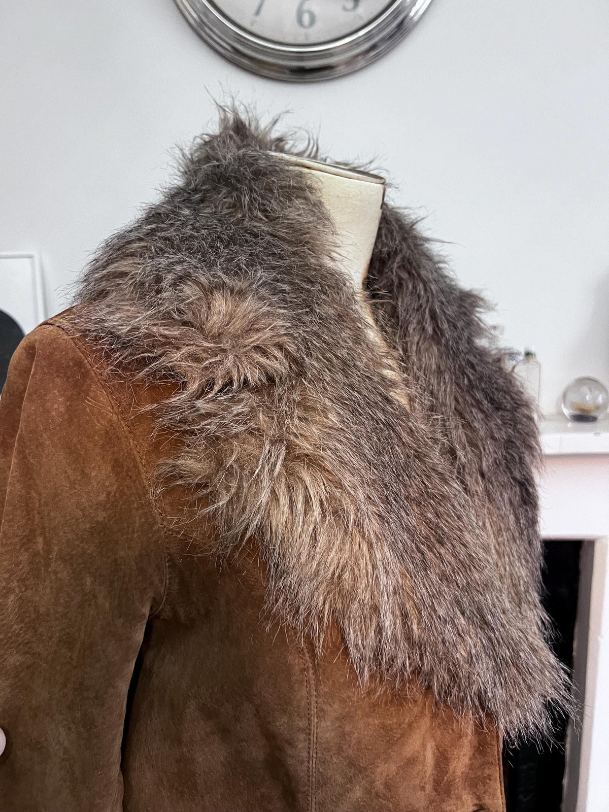 Penny lane vintage brown suede coat with faux fur collar,