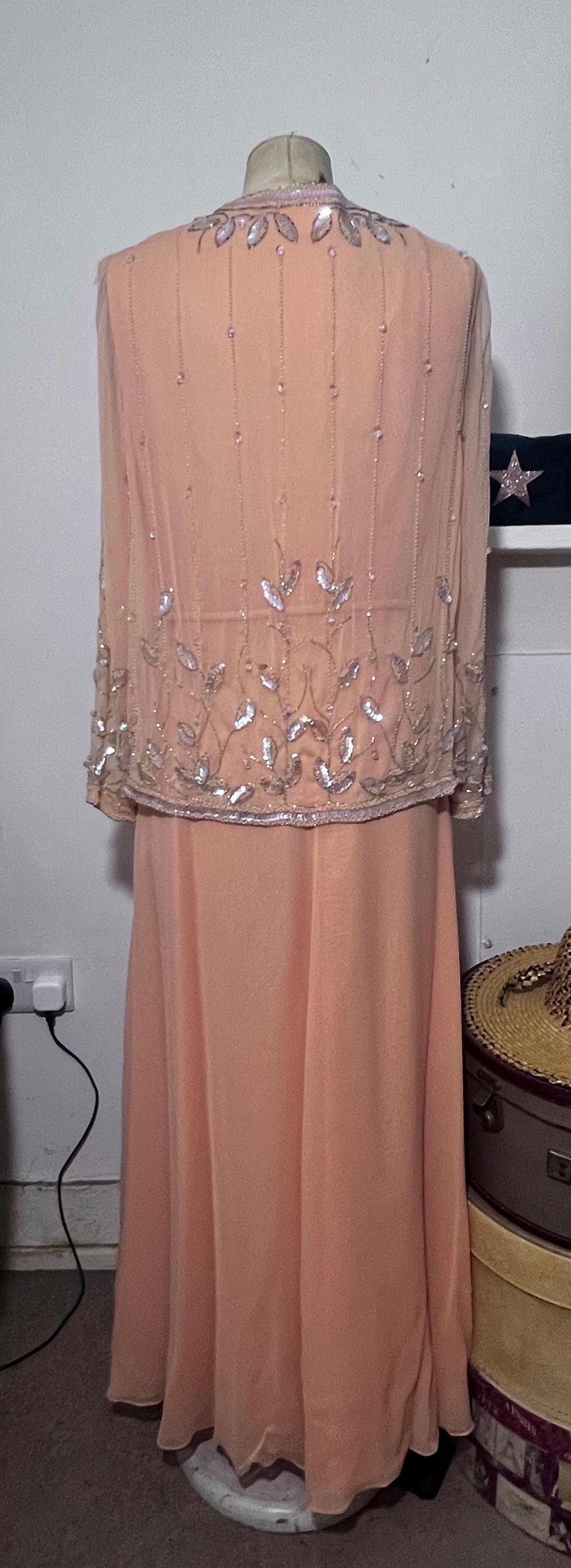 Norman Harntell peach silk chiffon dress ensemble with silver beading and sequins ready to wear 1970s labels