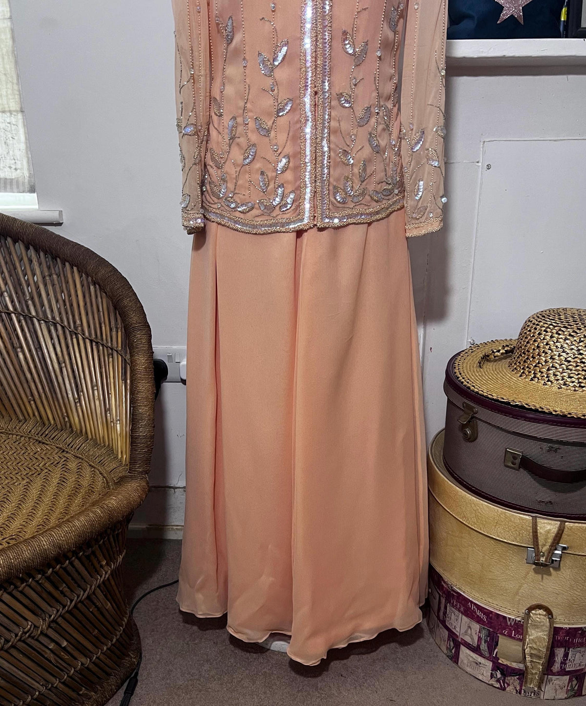 Norman Harntell peach silk chiffon dress ensemble with silver beading and sequins ready to wear 1970s labels
