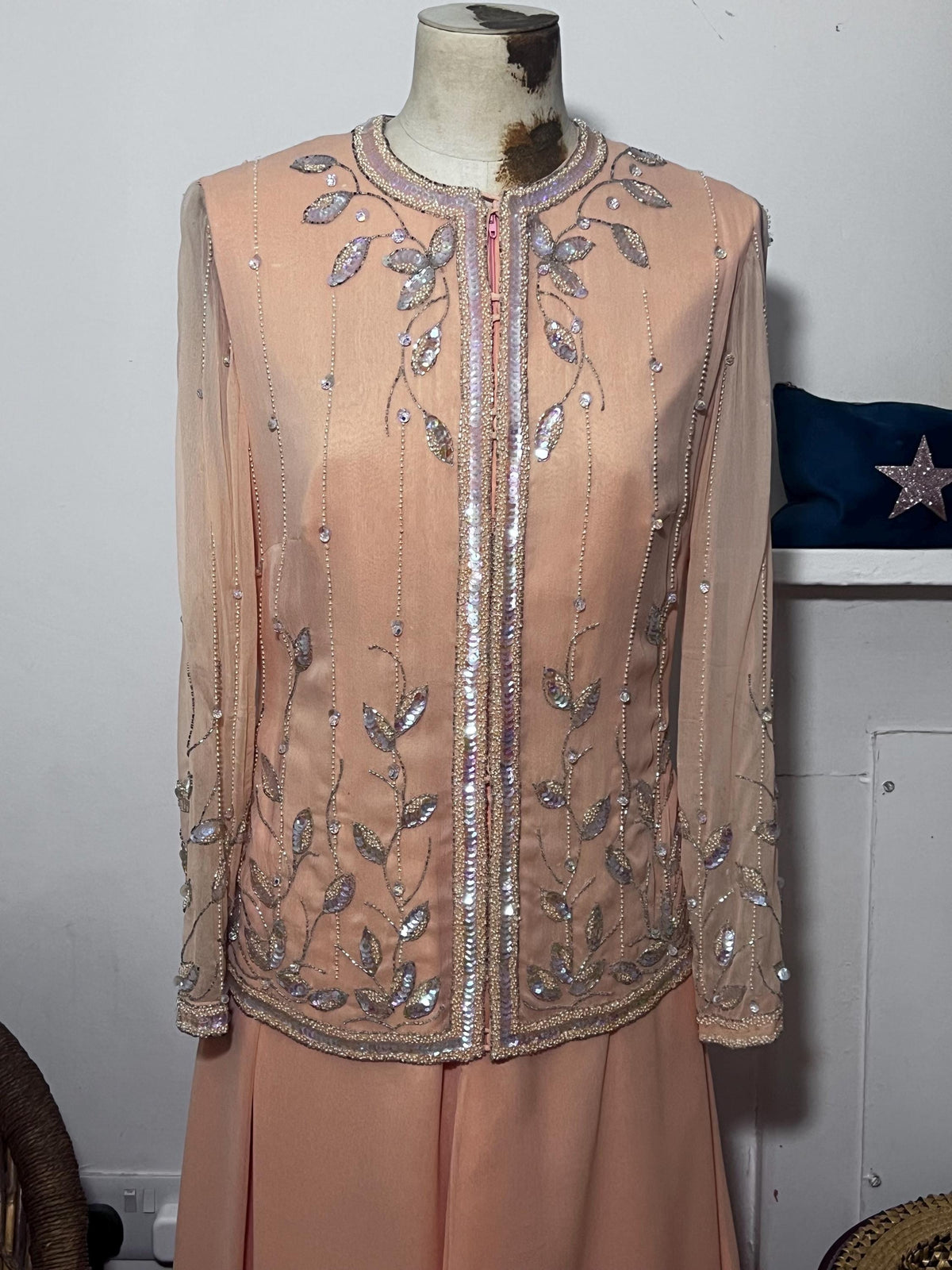 Norman Harntell peach silk chiffon dress ensemble with silver beading and sequins ready to wear 1970s labels
