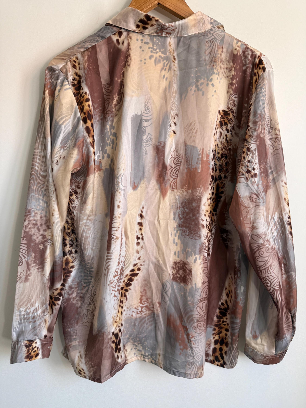 Vintage Afibel Satin Blouse | Abstract Print Silky Shirt | Neutral 90s Top