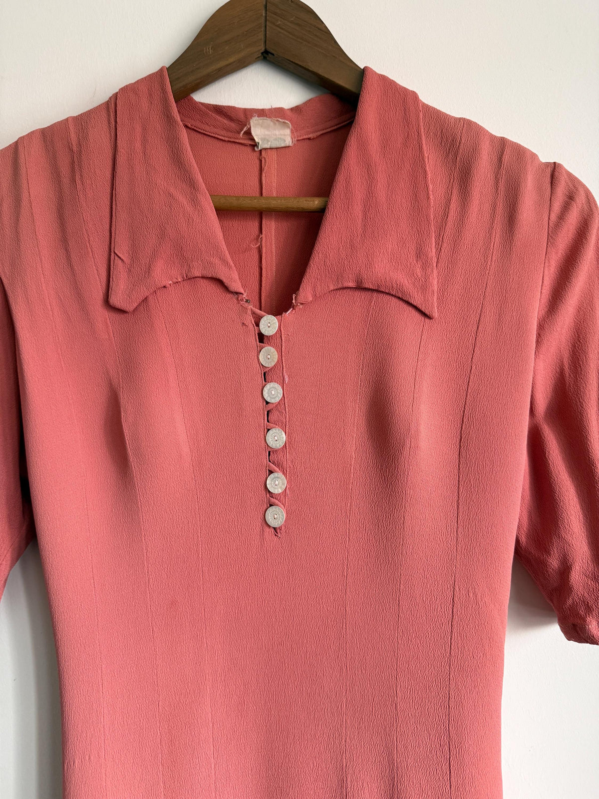 Authentic 1940s Dusty Rose Rayon Crepe Day Dress | WWII Era Side Zip Fashion