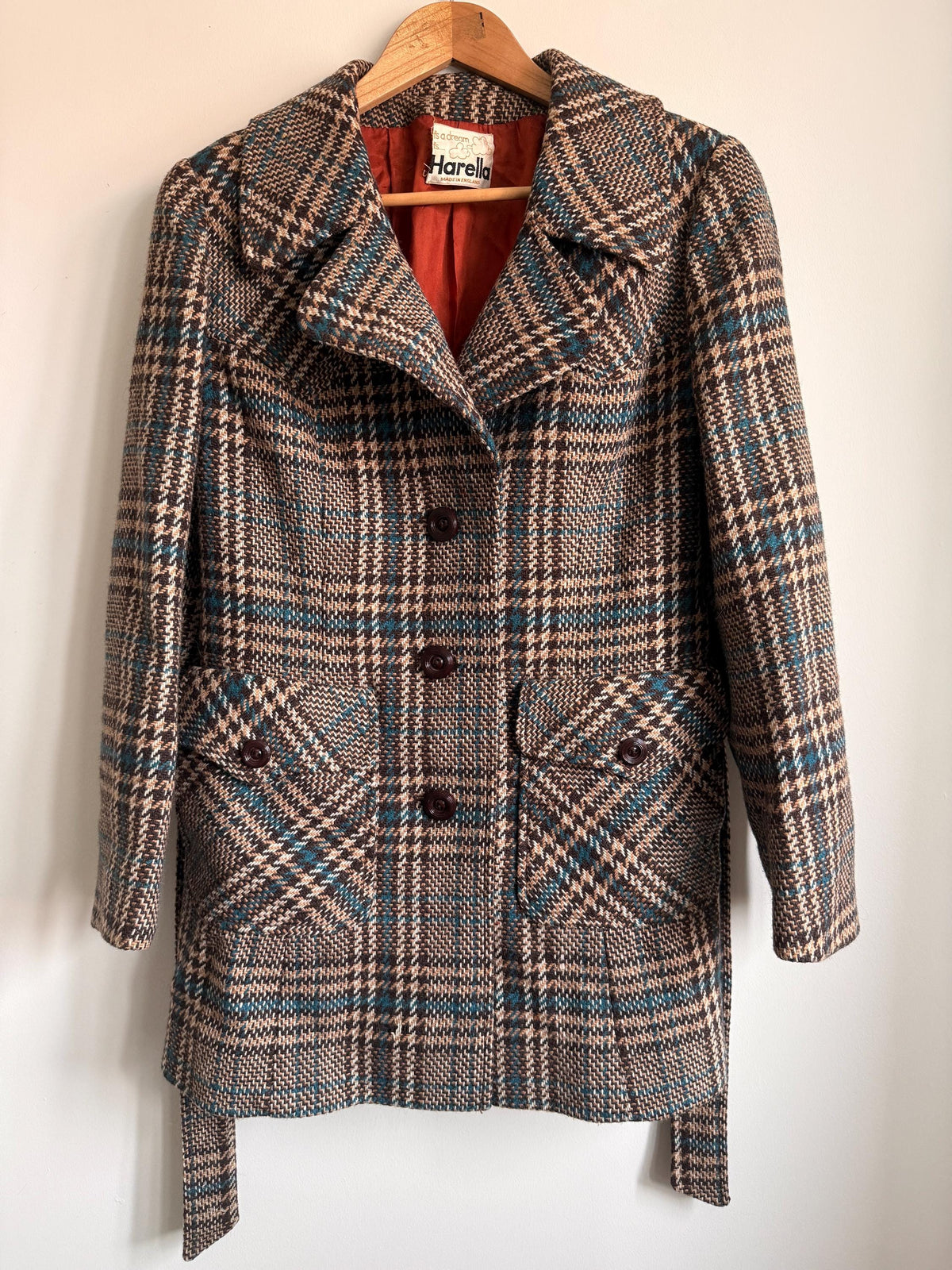 Vintage 1970s Harella Plaid Wool Blend Jacket | Brown Teal Mod Check Coat Made England