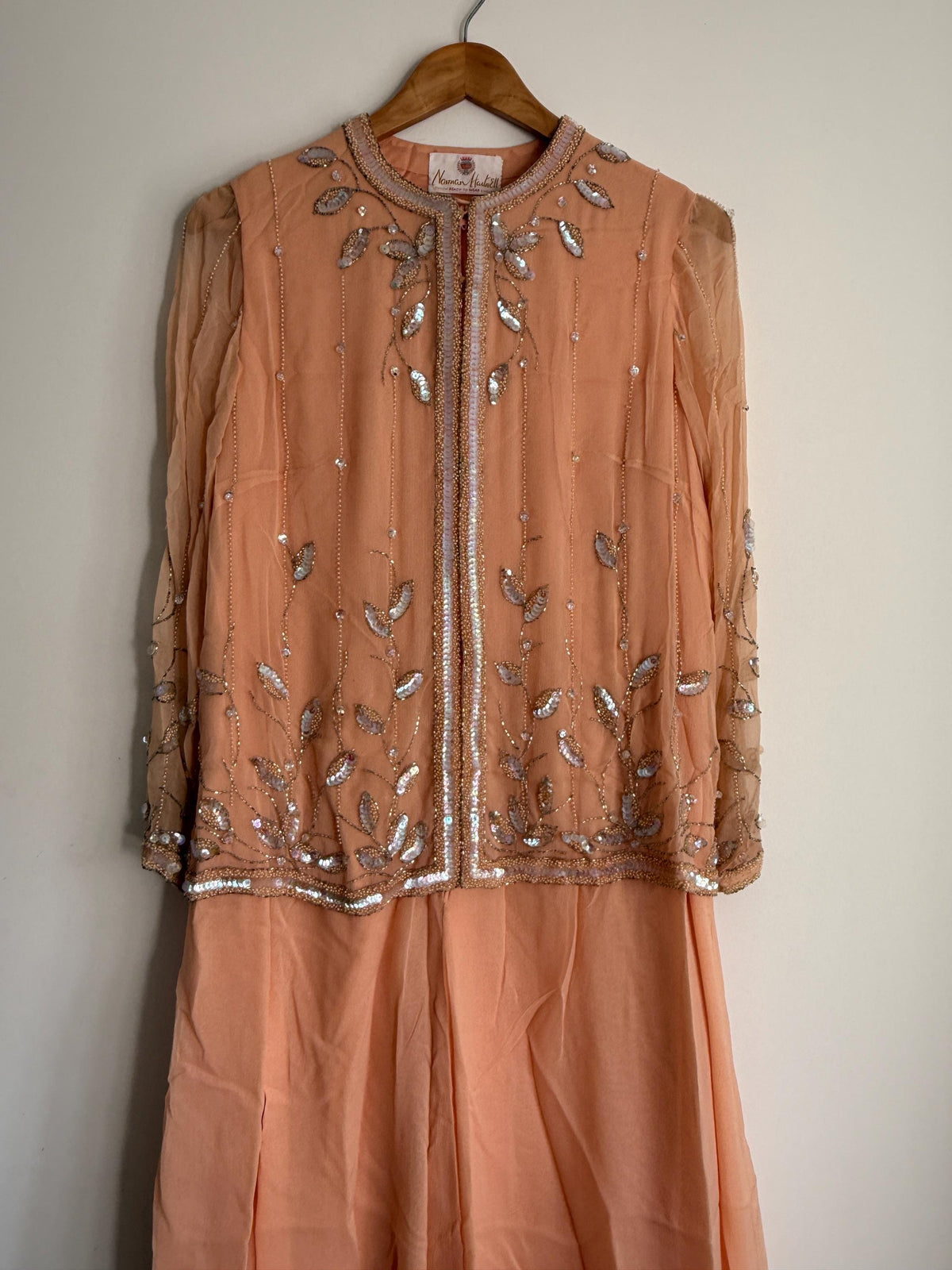 Norman Hartnell Peach Chiffon Sequin Beaded Jacket Dress Set 1960s Designer Evening Wear