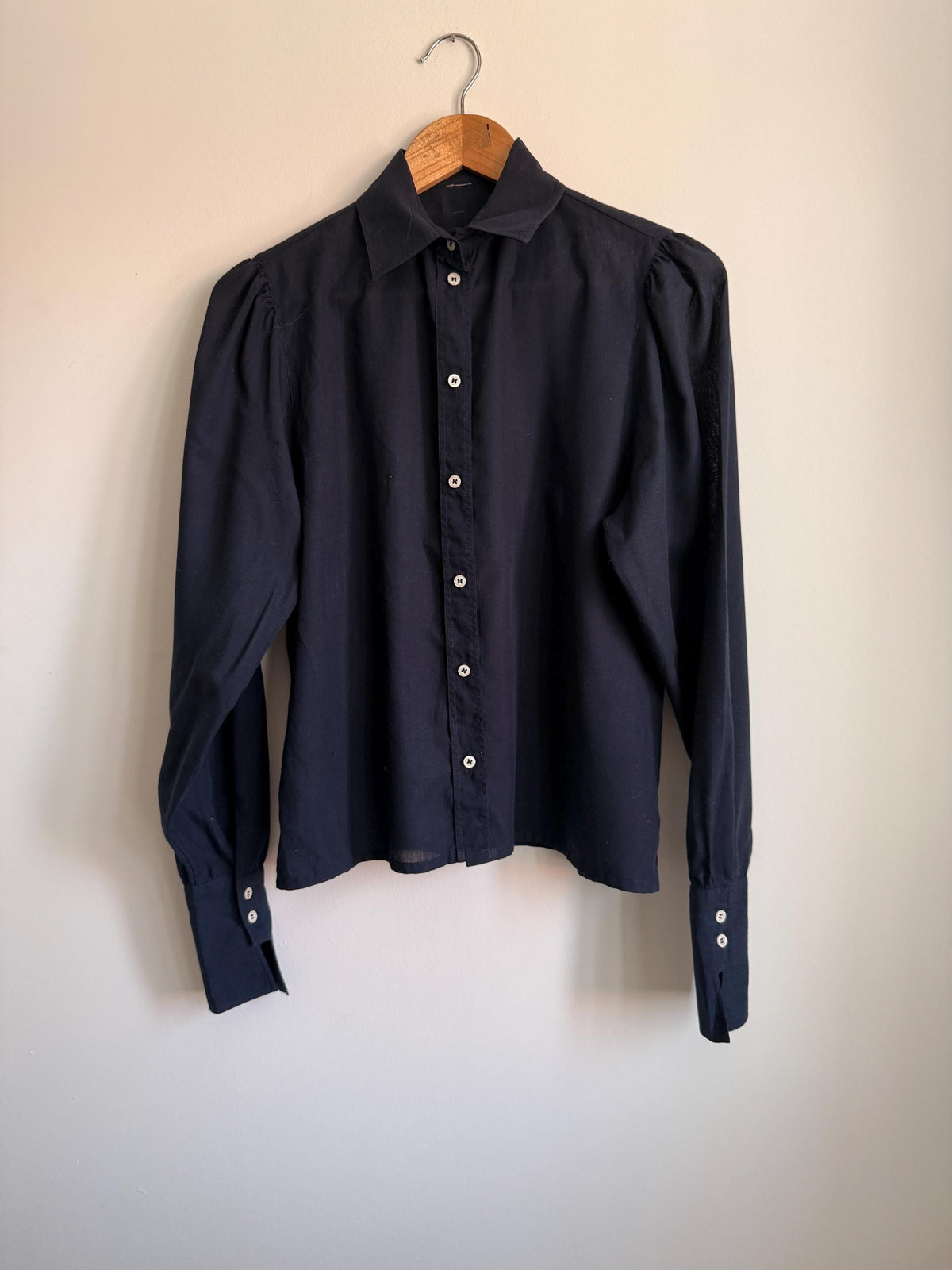Vintage Navy Cotton Puff Sleeve Blouse | 1980s Peter Pan Collar Shirt