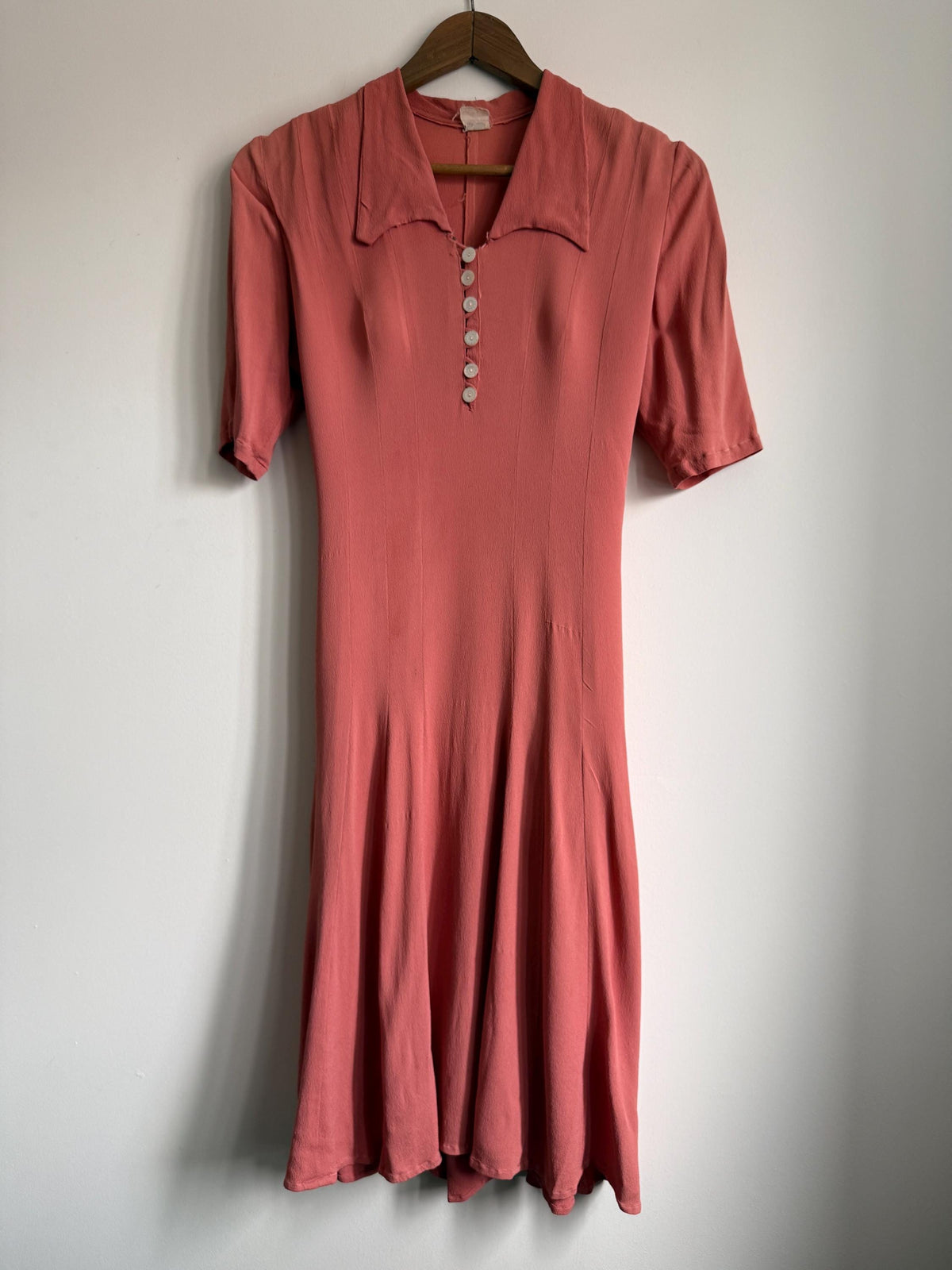 Authentic 1940s Dusty Rose Rayon Crepe Day Dress | WWII Era Side Zip Fashion