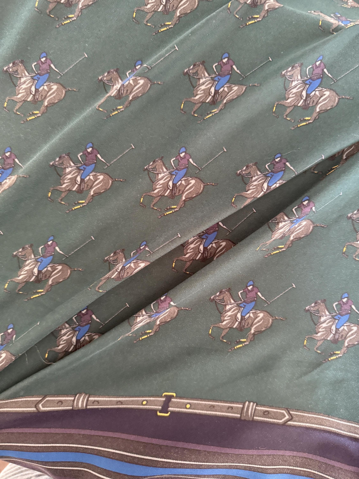 Vintage Equestrian Polyester Scarf: Polo Pony Print, Green Navy Horse Motif