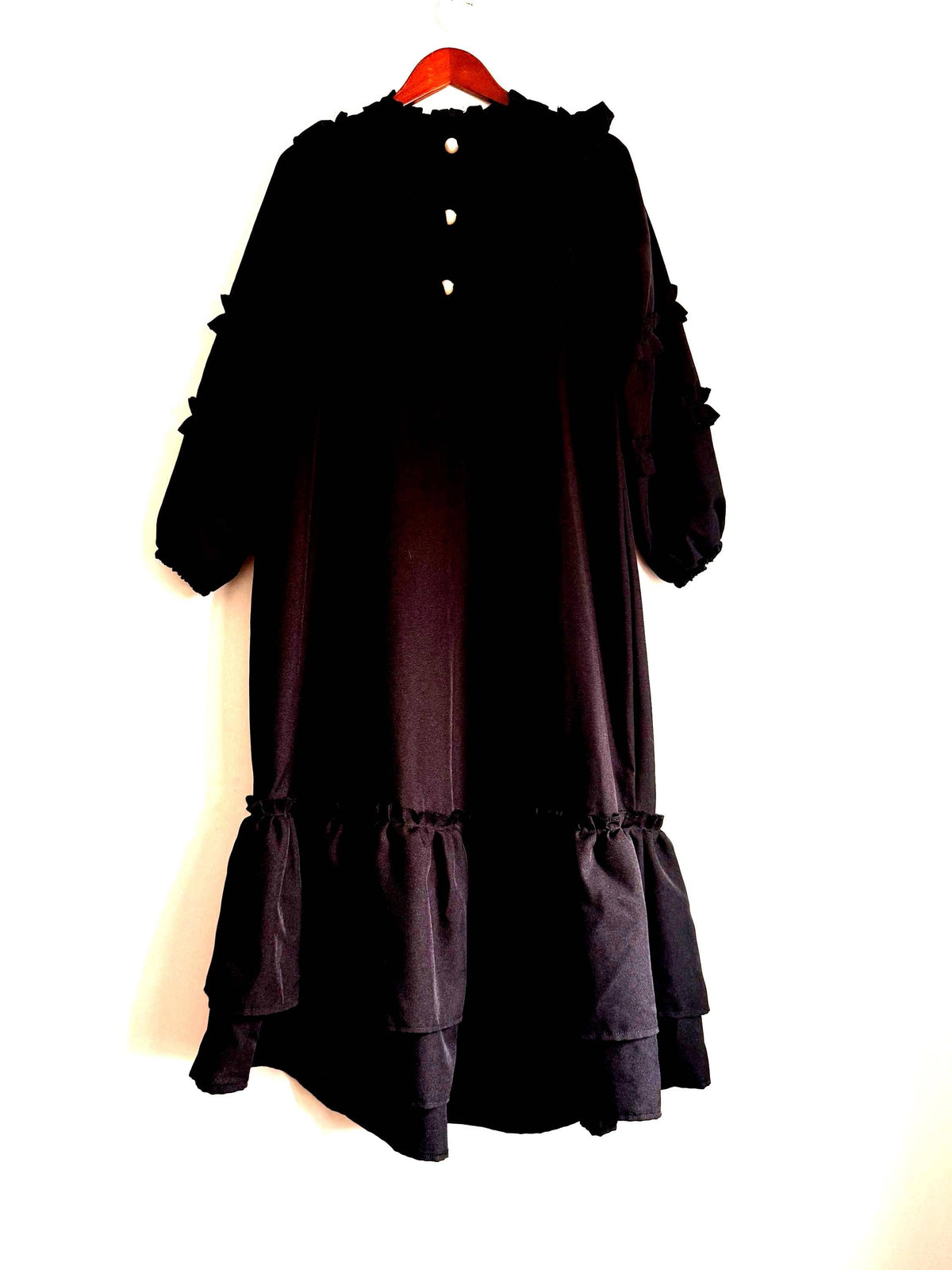 Vintage 1970s Siskou Woman Black Ruffle Maxi Dress | Portuguese Prairie Gothic Dress UK18-20