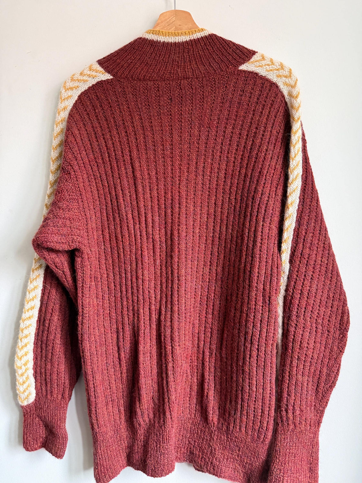 Vintage 1950s Wool Zip Cardigan – Burgundy Ski Sweater – Contrast Stripe Chunky Knit Jacket – Unisex