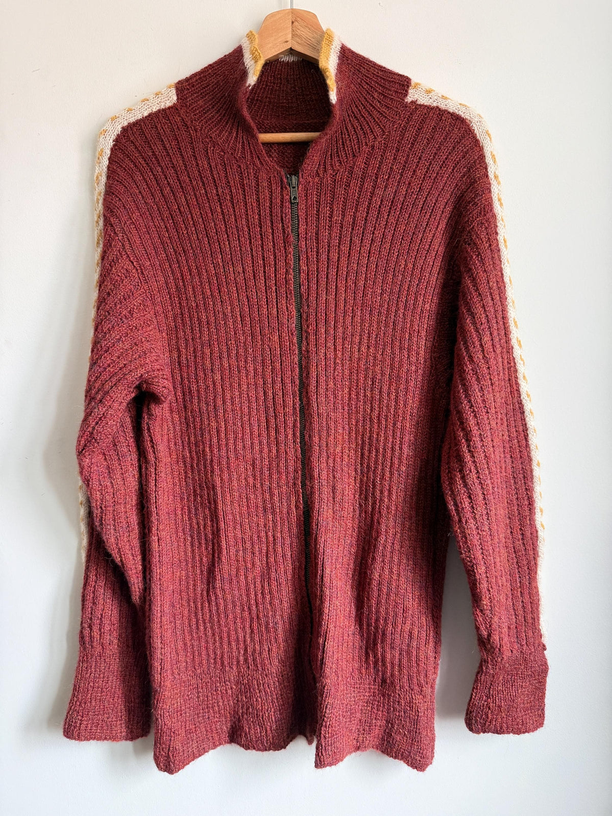 Vintage 1950s Wool Zip Cardigan – Burgundy Ski Sweater – Contrast Stripe Chunky Knit Jacket – Unisex