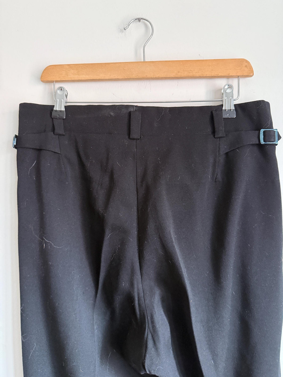 1930s 1940s Vintage Womens Black Wool Trousers – High Waist Pleated Button Fly – Side Adjusters