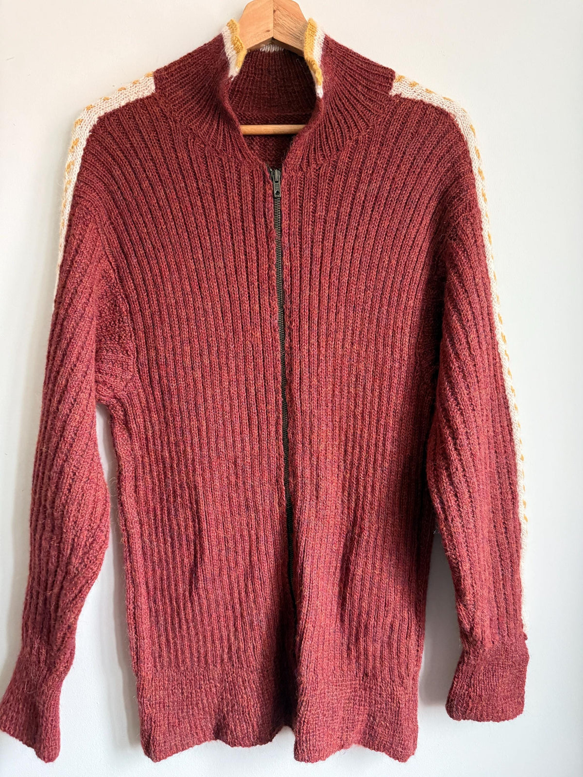 Vintage 1950s Wool Zip Cardigan – Burgundy Ski Sweater – Contrast Stripe Chunky Knit Jacket – Unisex