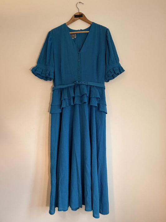 Vintage Marion Donaldson Blue Maxi Dress | 1970s–80s Ruffle Dress | Belted Size 12